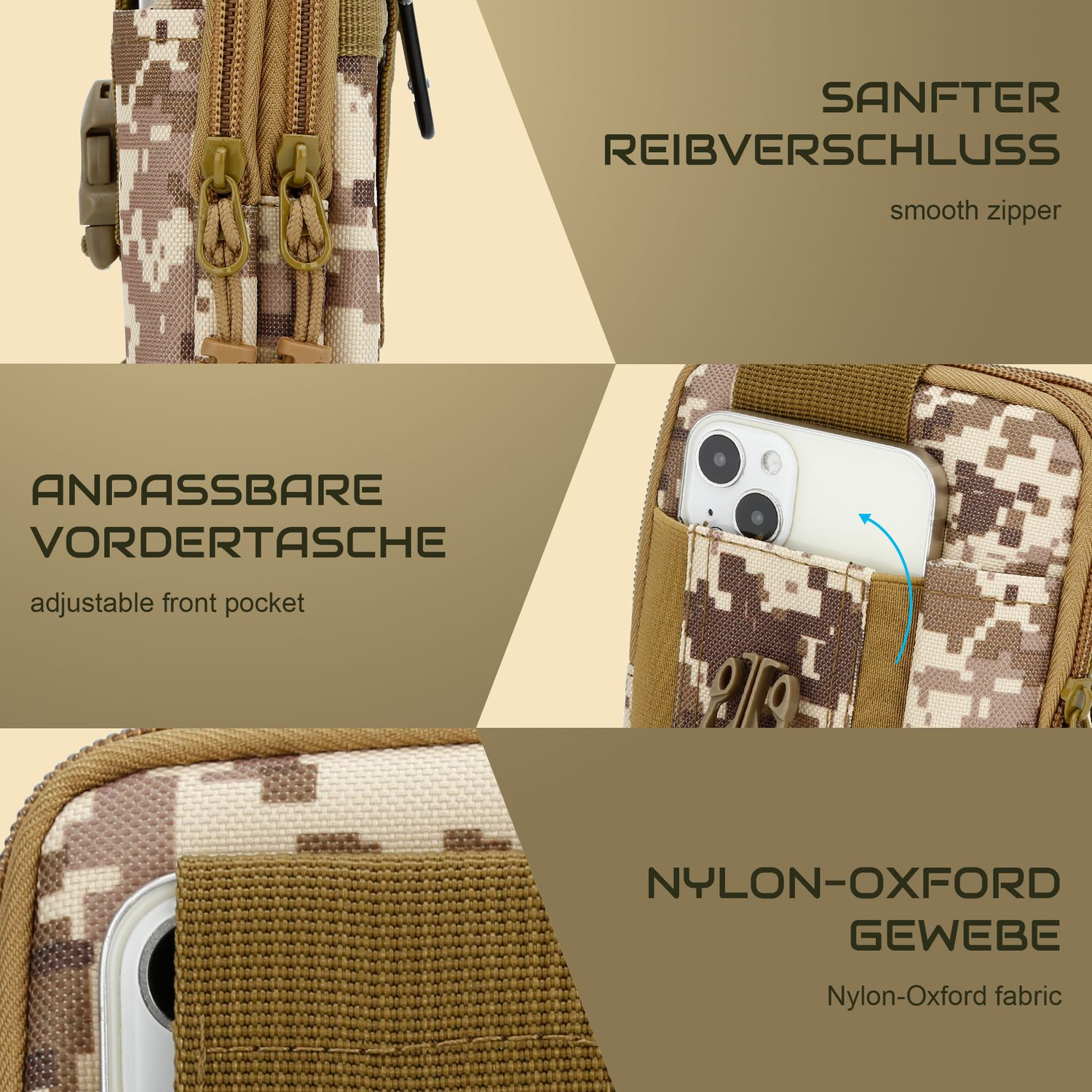 Custodia color cachi con cerniere e telefono. Il testo menziona tessuto nylon-Oxford.