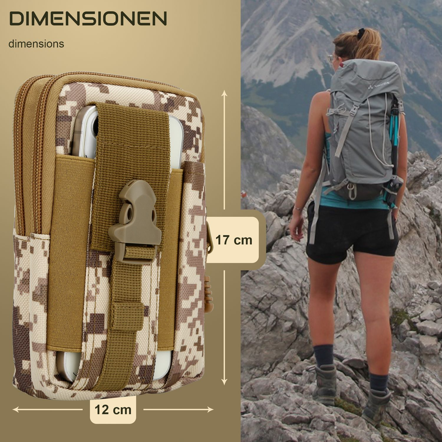 Custodia color cachi con telefono accanto a una donna che fa escursioni in montagna.