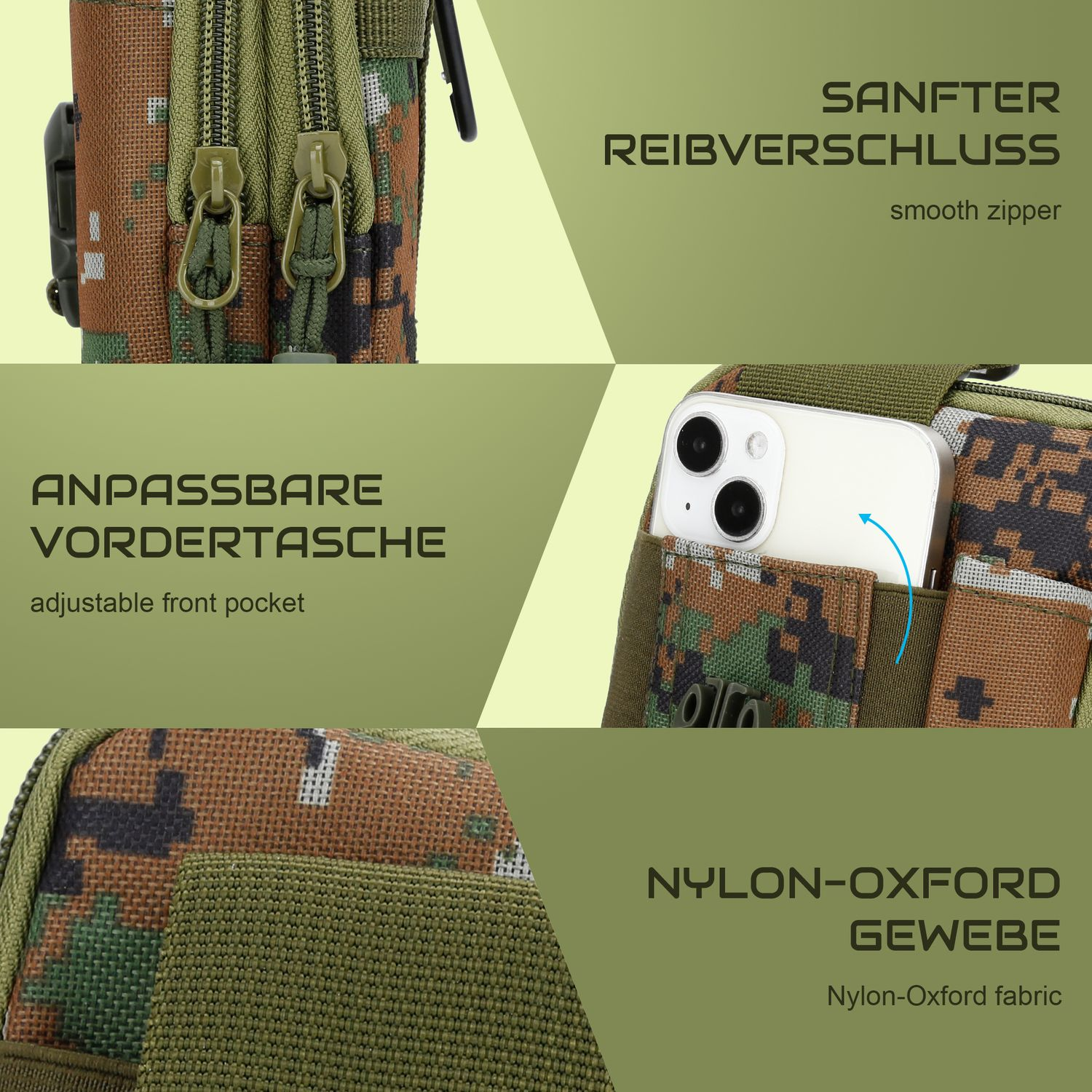 Nahaufnahme einer Camouflage-Tasche mit Text: glatter Reißverschluss, verstellbare Tasche.