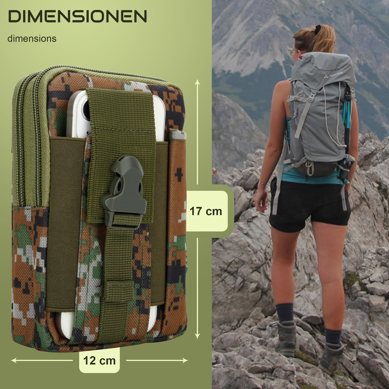 Camouflage-Tasche mit Handy, Maße: 12cm x 17cm. Wanderin im Hintergrund.