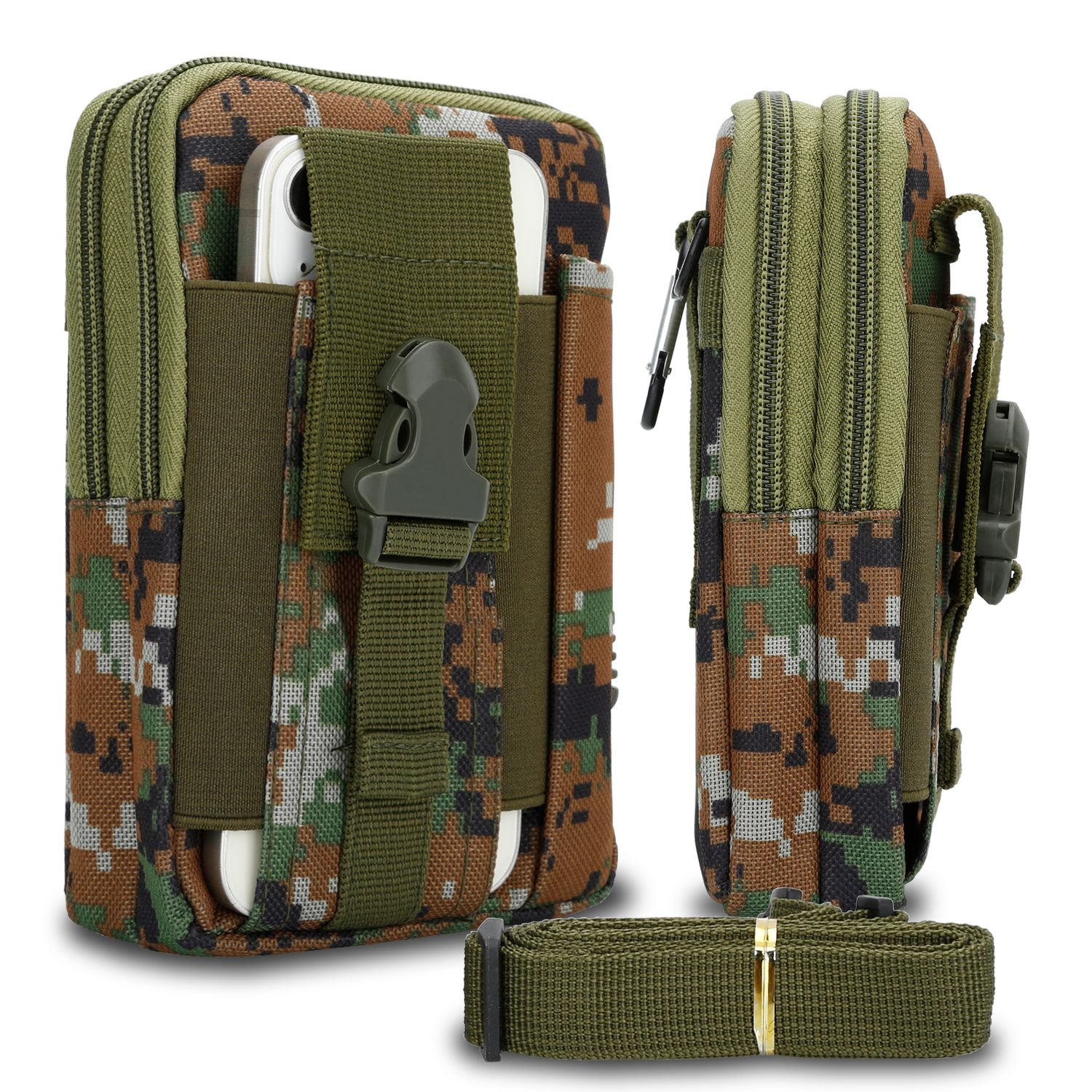Camouflage-Telefontasche mit Telefon, zwei Ansichten. Inklusive Gurt und Schnalle.