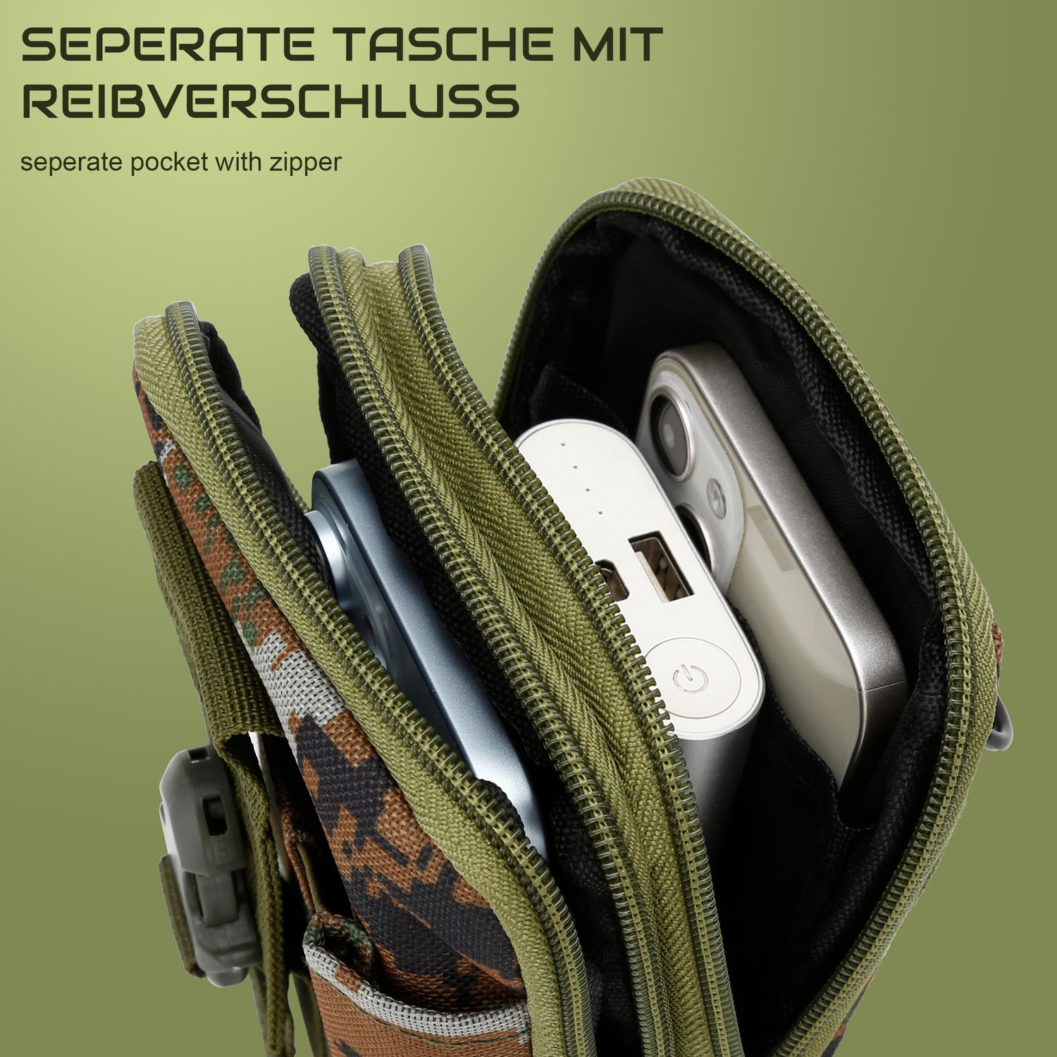 Grüne Camouflage-Tasche mit zwei Handys und einer Powerbank. Reißverschluss offen.