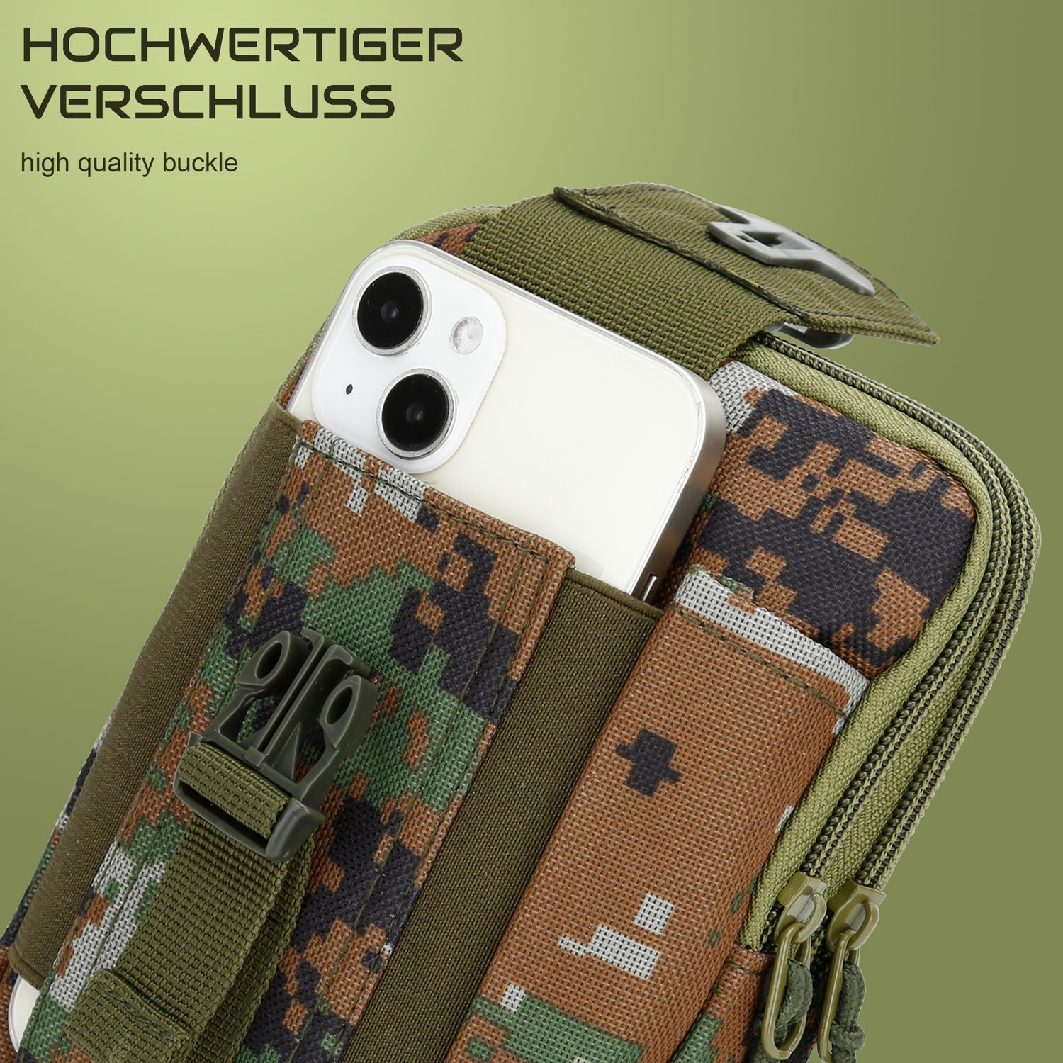 Tarnfarbene Handytasche mit Telefon. Text sagt hochwertige Schnalle.