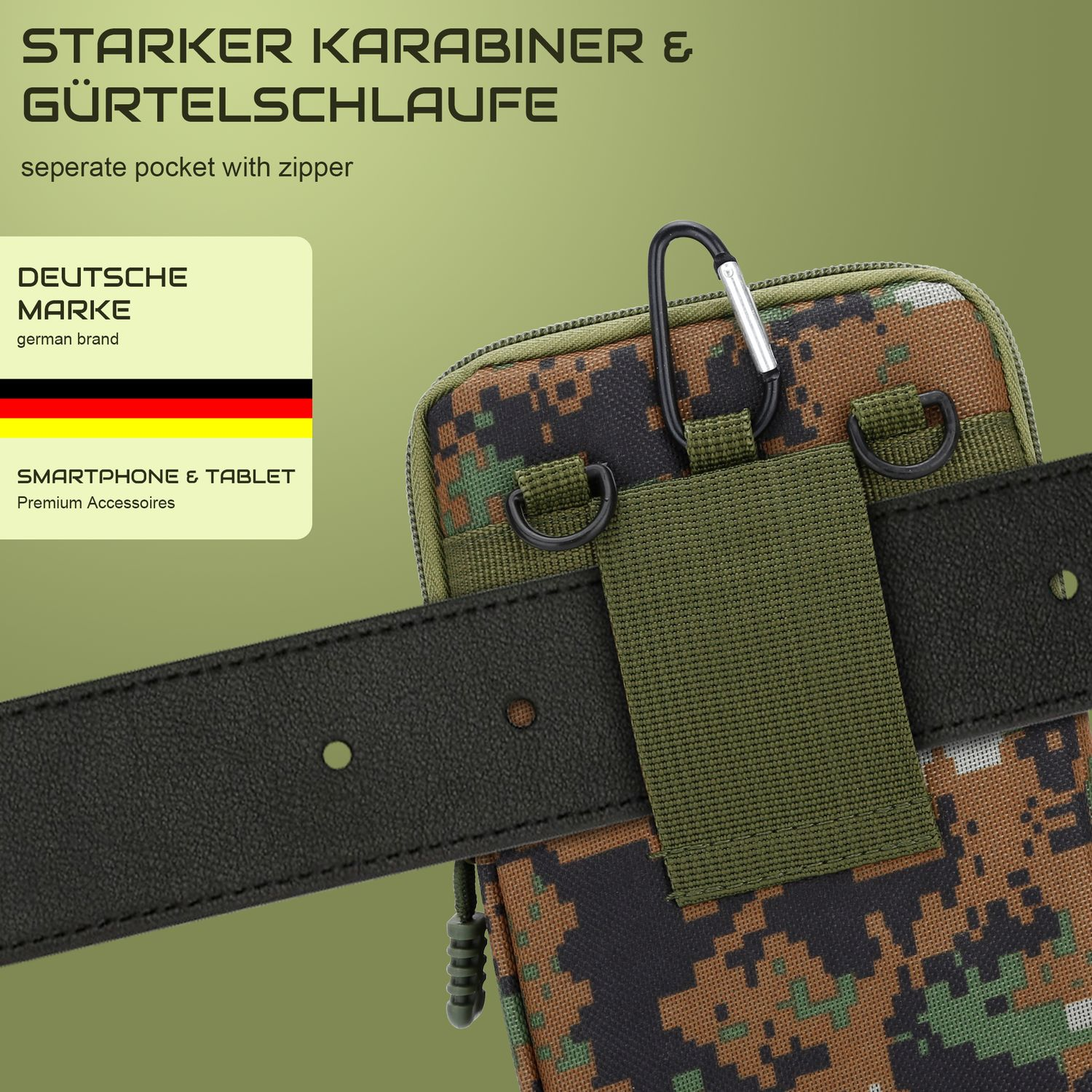 Tarnfarbene Handytasche mit Gürtel und Karabinerhaken. Text sagt deutsche Marke.