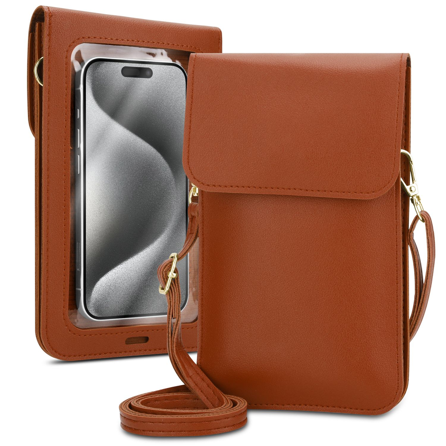 Sac bandoulière marron pour téléphone. Téléphone visible dans la poche avant transparente.