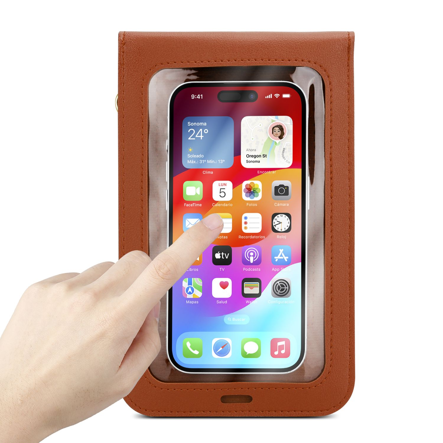 Main pointant vers l'écran du téléphone dans un étui marron. Icônes d'applications.