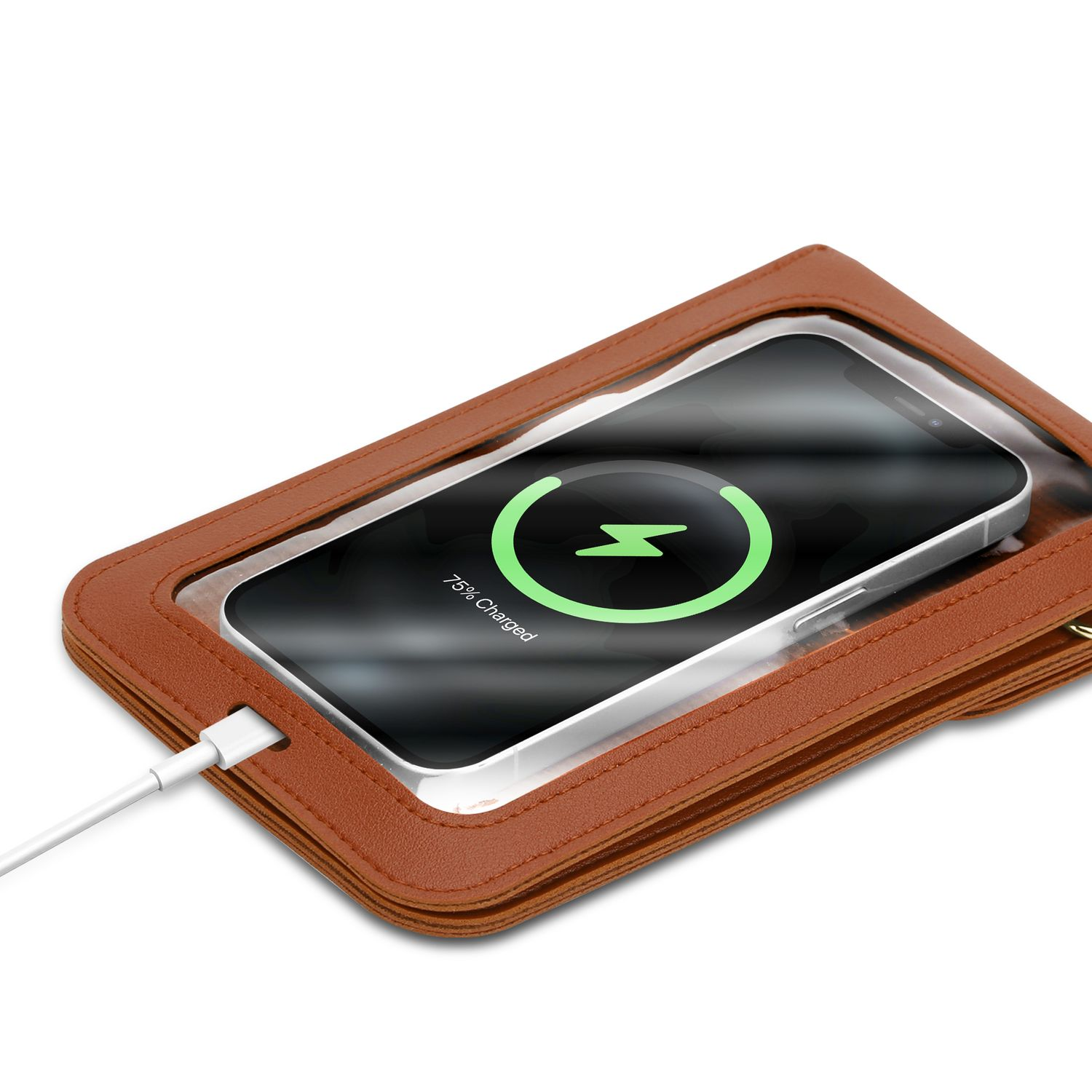 Téléphone en charge dans un étui marron. Batterie à 75%.