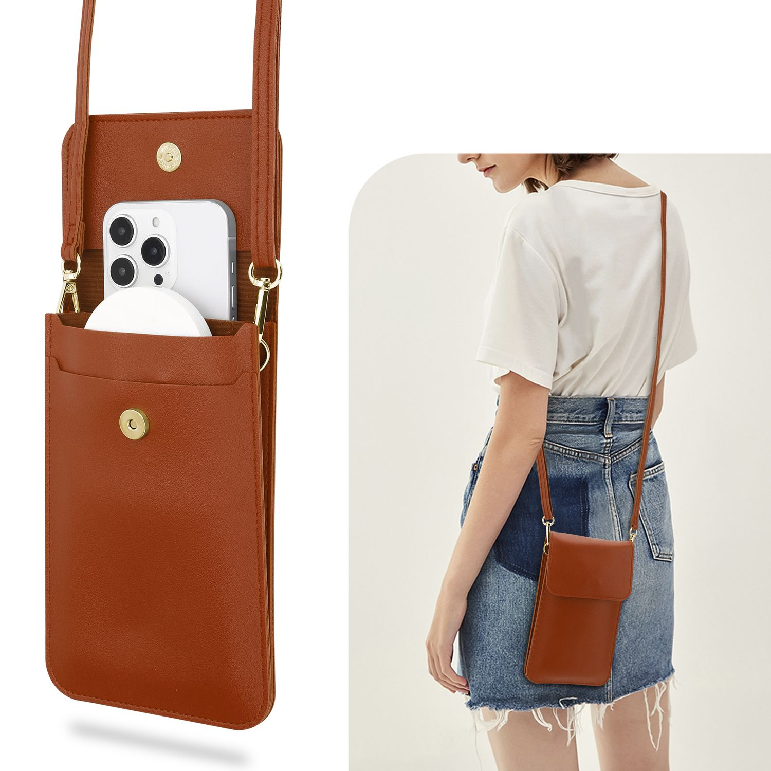 Étui de téléphone marron avec téléphone à l'intérieur. Personne portant l'étui en bandoulière.
