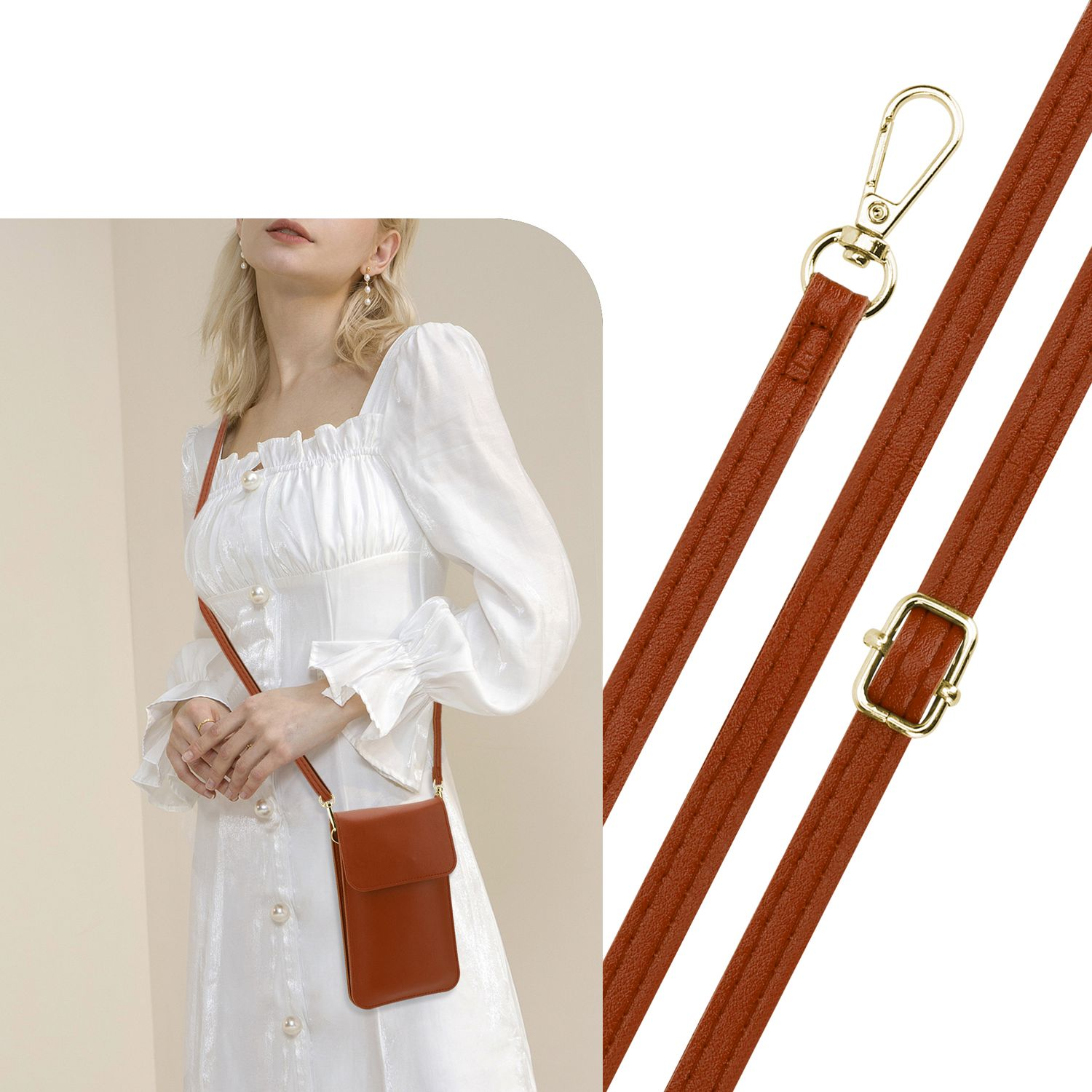 Femme portant une robe blanche et un sac bandoulière marron avec une chaîne dorée.