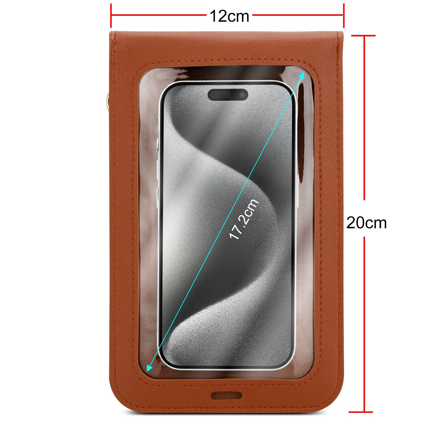 Étui de téléphone marron avec téléphone. Dimensions: 12cm x 20cm. Écran visible.