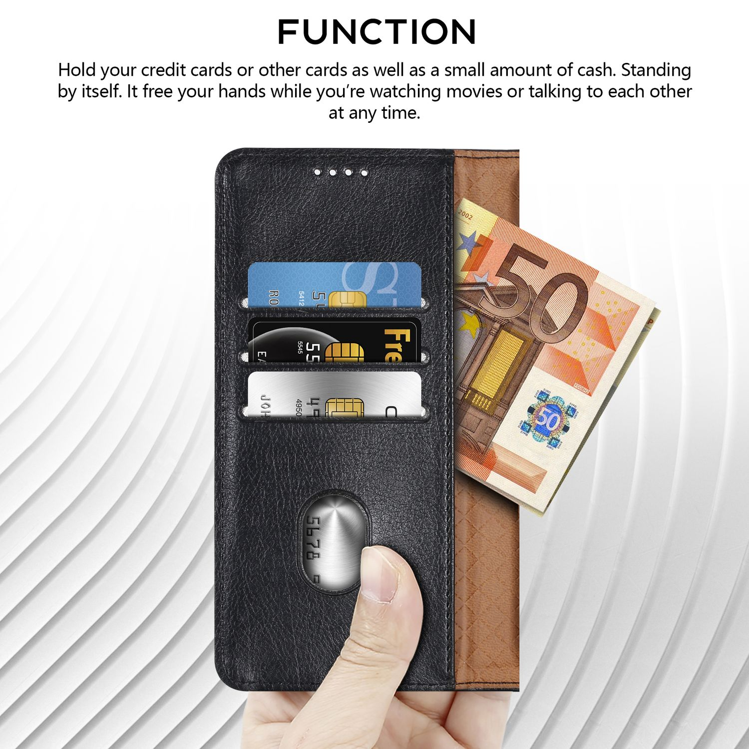 Étui de téléphone ouvert avec cartes de crédit et un billet de 50 euros. Une main tient l'étui.