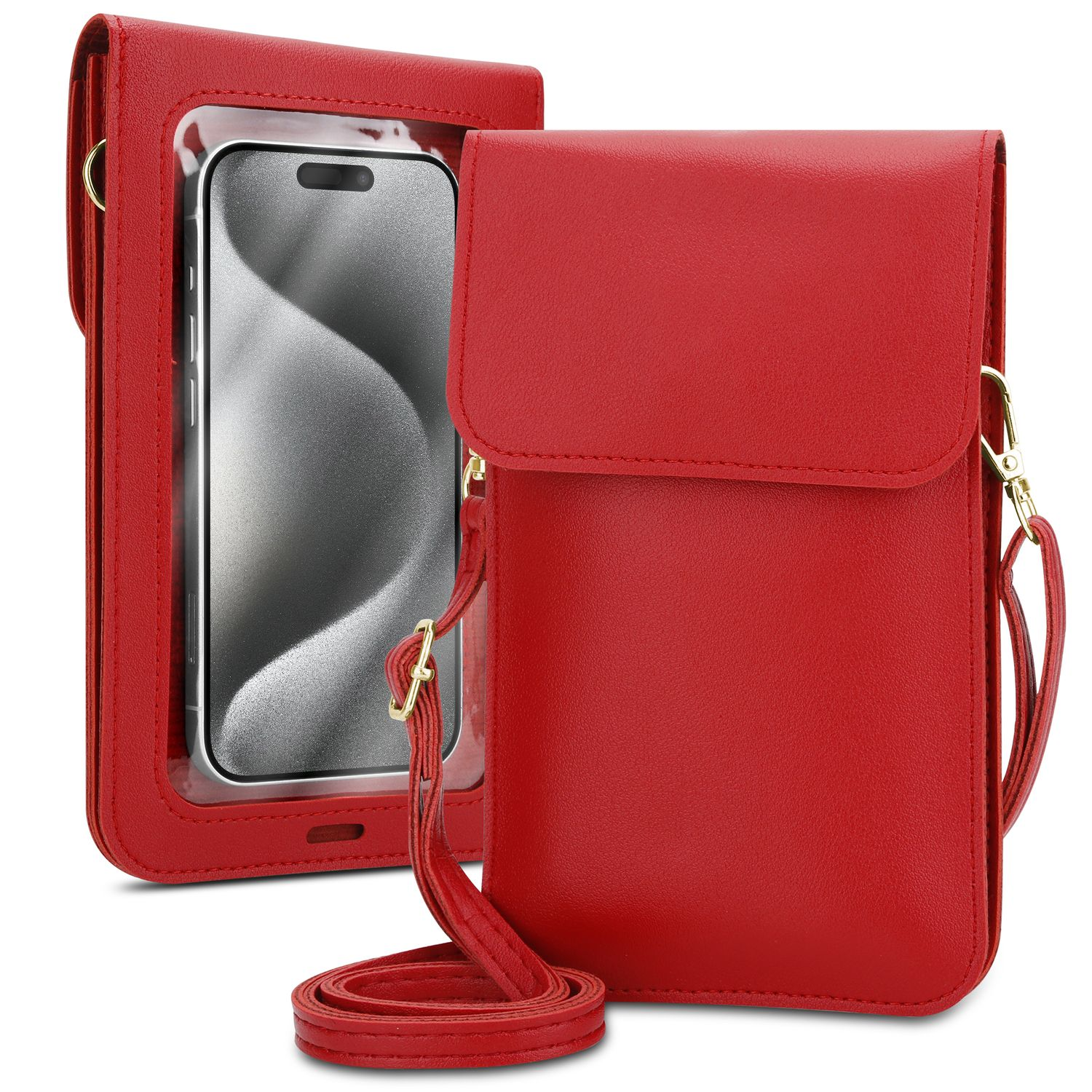 Rote Handy-Umhängetasche. Telefon ist in der transparenten Vordertasche sichtbar.