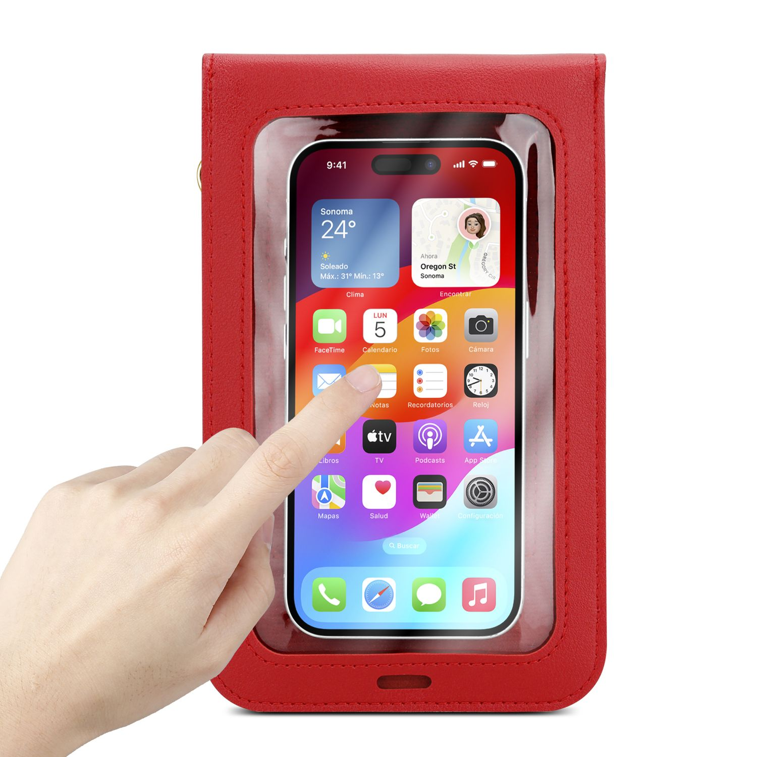 Eine rote Handyhülle mit einem Telefon darin. Eine Hand berührt den Telefonbildschirm.