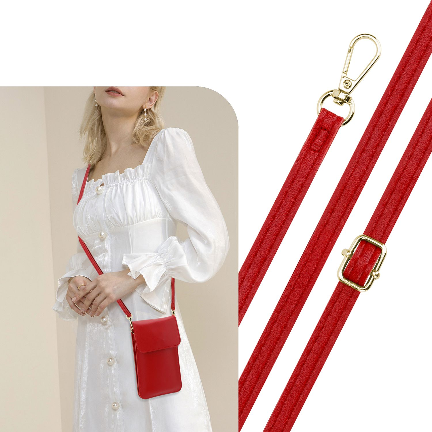Frau mit roter Handyhülle an einem Riemen. Rote Riemendetails, mit Verschluss und Schnalle sichtbar.