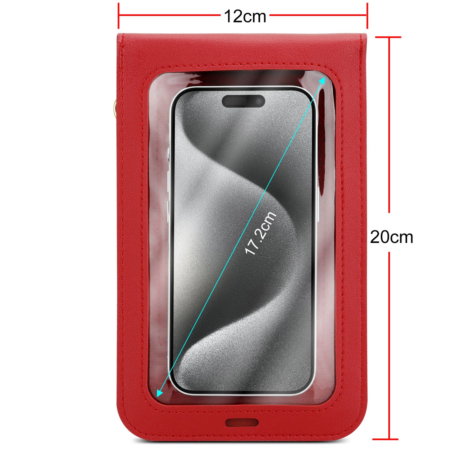 Rote Handyhülle mit den Maßen 12x20 cm, Telefon innen mit 17,2 cm Diagonale.