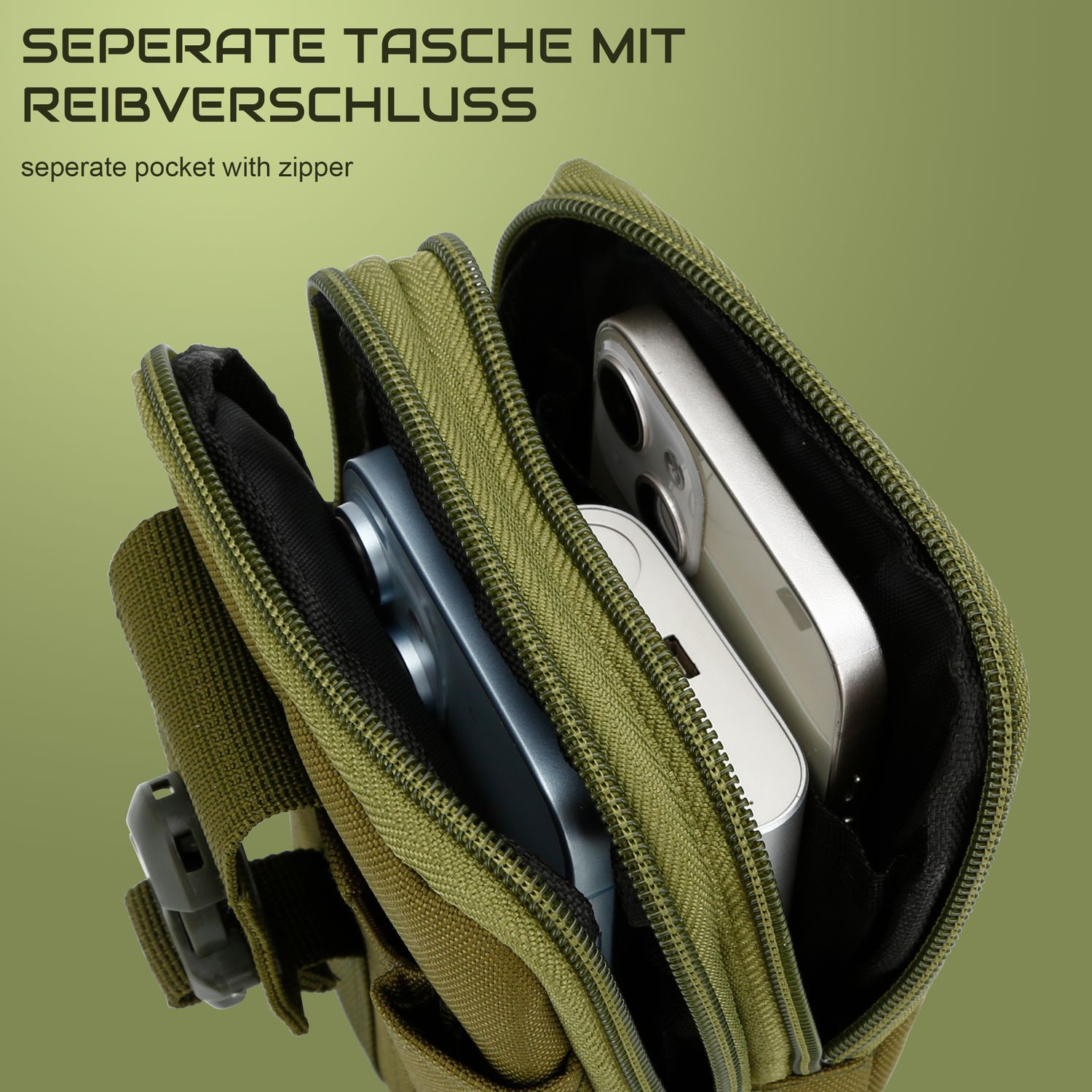 Eine offene grüne Tasche mit zwei Telefonen und einer Powerbank im Inneren.