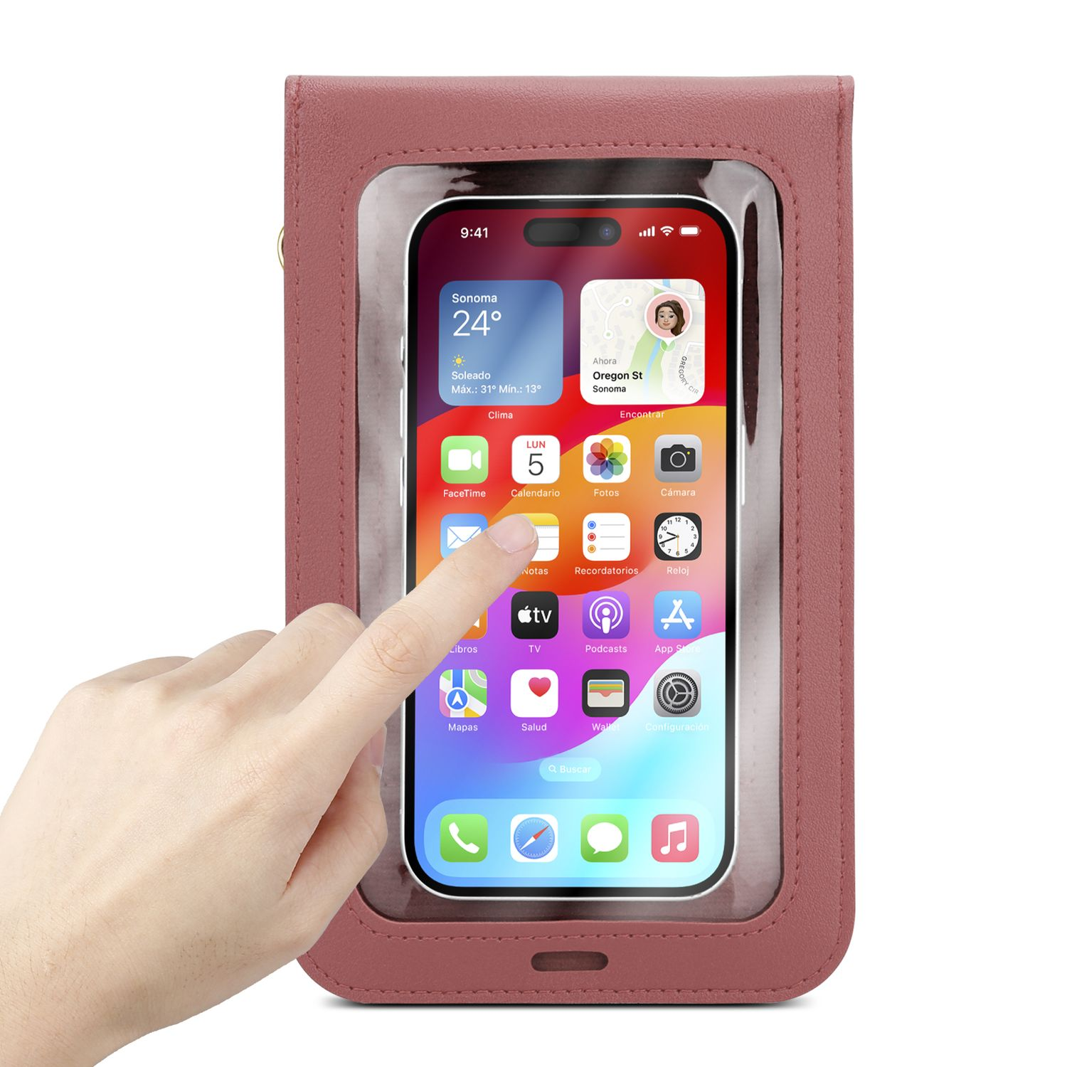 Rote Handyhülle mit einem Telefon darin. Eine Hand berührt den Telefonbildschirm.