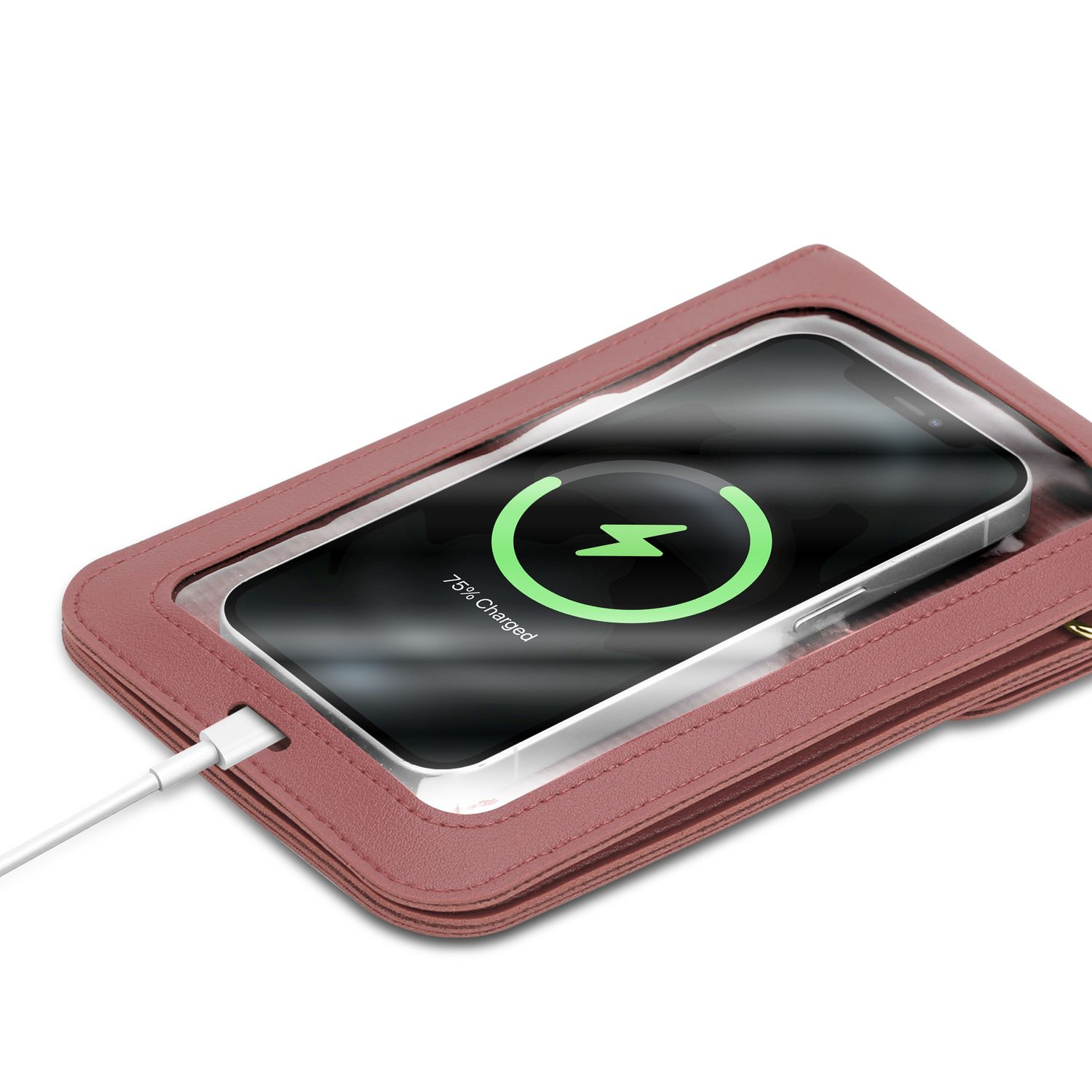 Rote Handyhülle mit Telefon und Ladekabel, zeigt 75% geladen an.