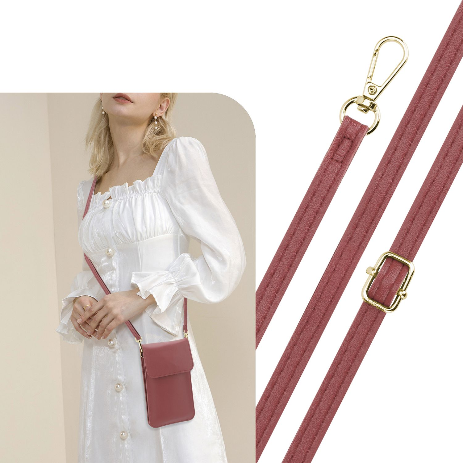 Frau mit roter Handyhülle an einem Riemen. Rote Riemendetails, mit Verschluss und Schnalle sichtbar.