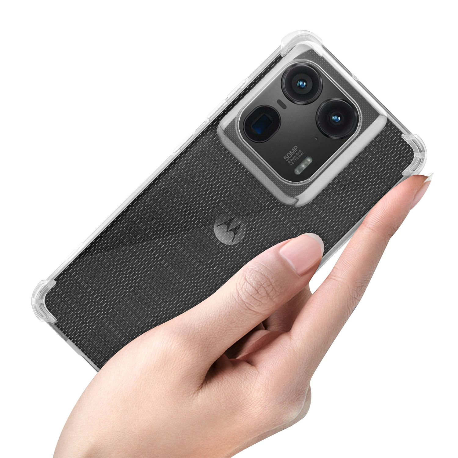 Eine Telefonhülle mit dem Telefon darin wird von einer Hand gehalten. Das Telefon hat drei Kameras.