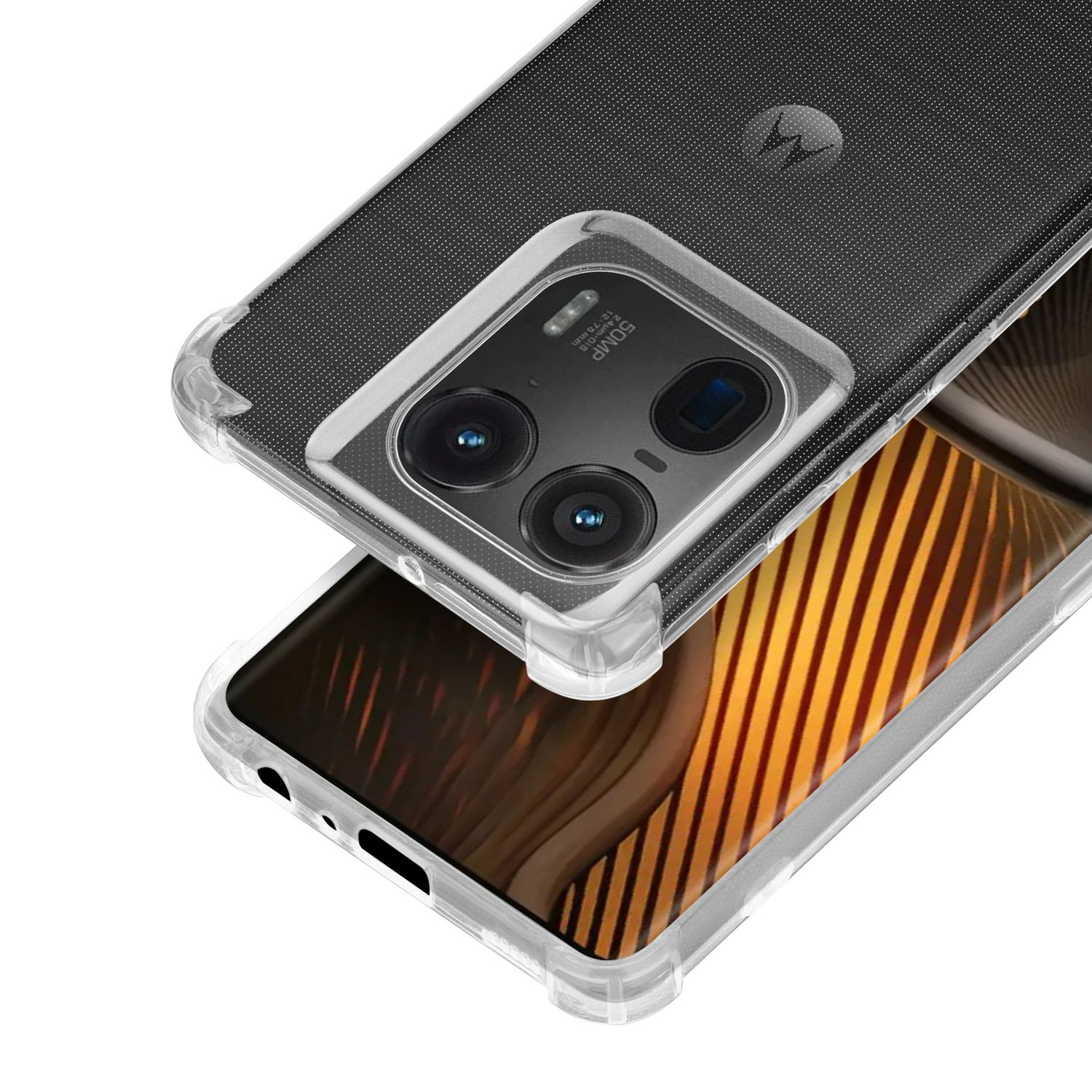 Smartphone mit transparenter Hülle, zeigt die Rückkameras und das Design.