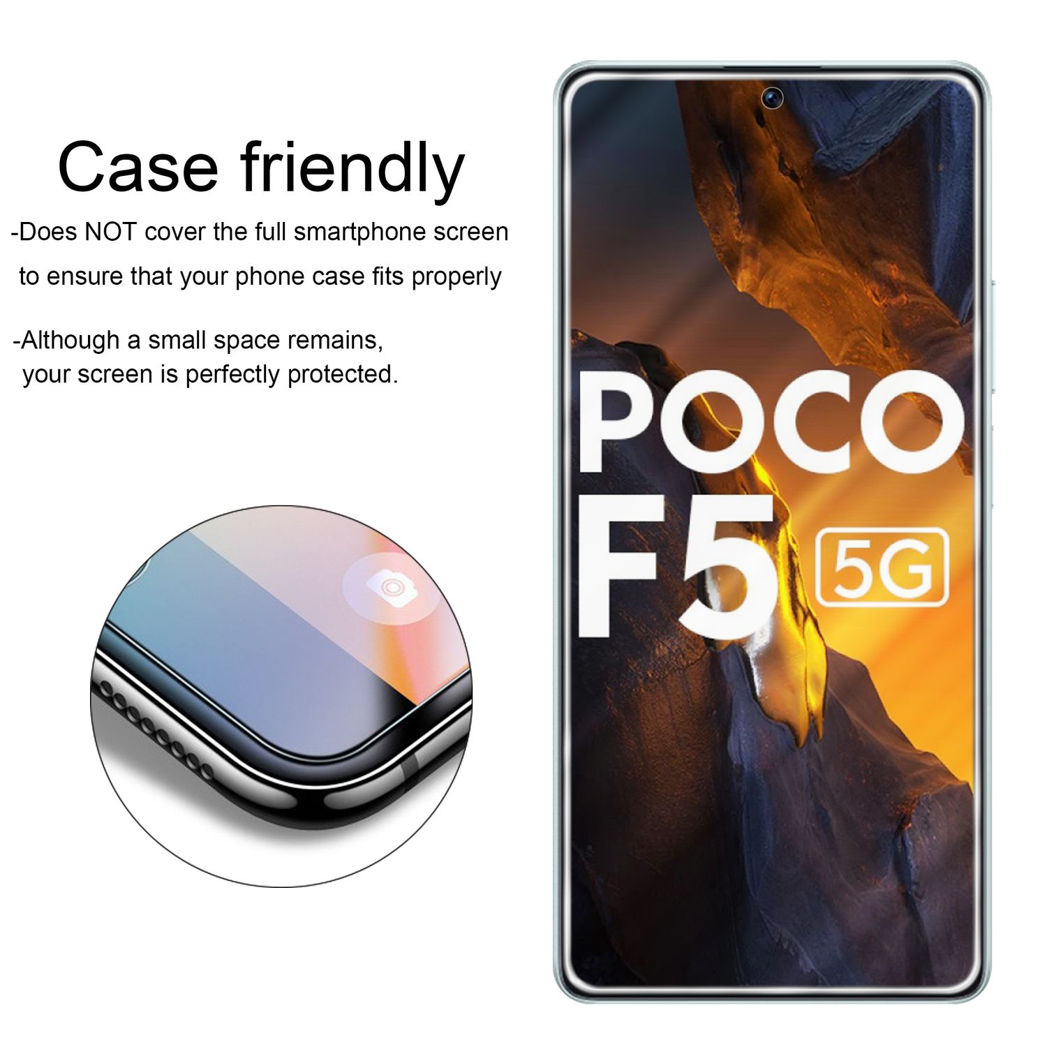 Ein Smartphone-Bildschirm mit Schutzfolie, zeigt 'POCO F5 5G'. Die Folie befindet sich auf dem Telefon.