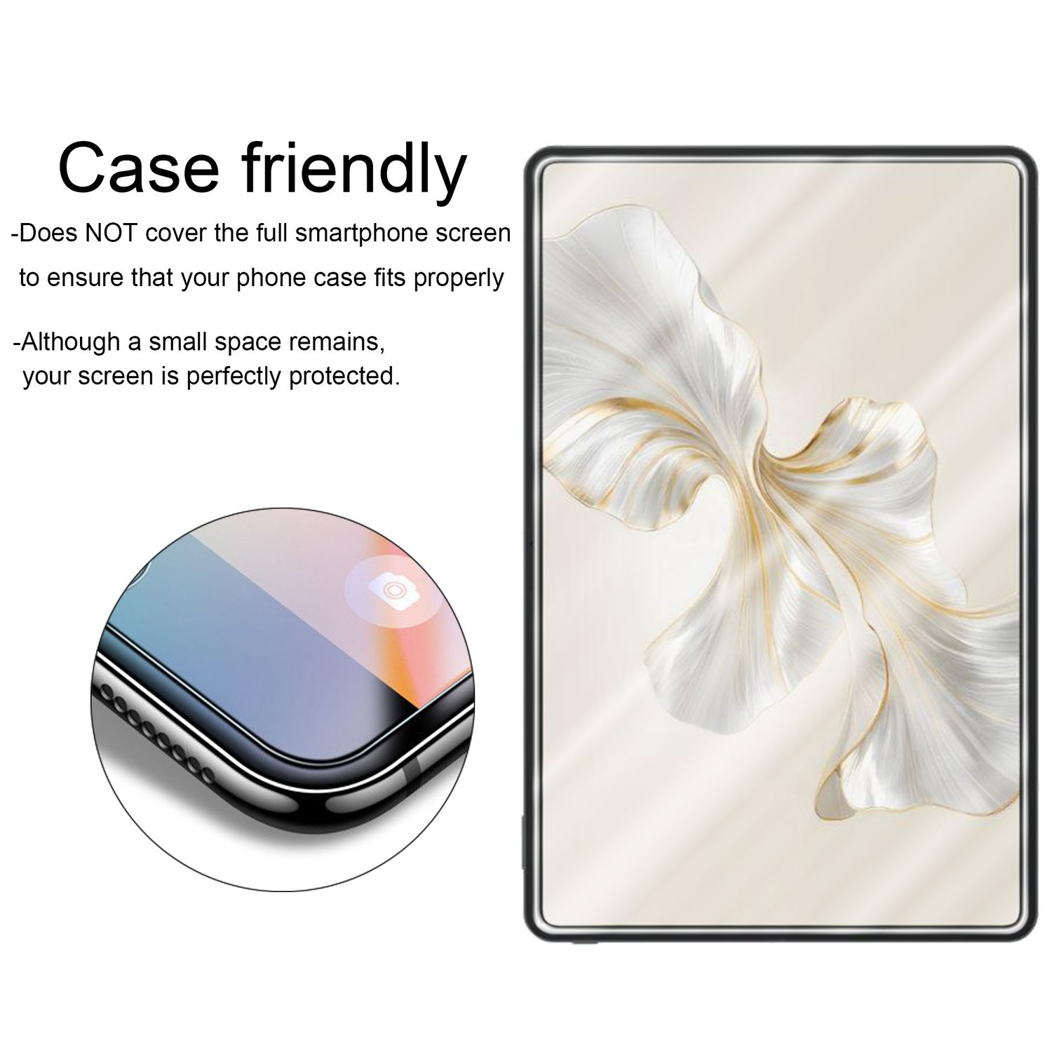 Nahaufnahme eines Smartphone-Displayschutzes und eines Smartphones mit floralem Design.