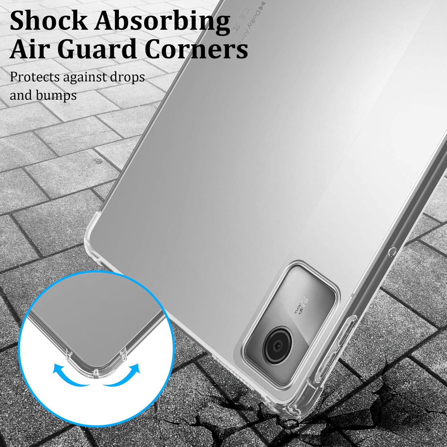 Ein Tablet in einer transparenten Hülle mit Schutzecken, das einen Hintergrund mit gerissenem Pflaster zeigt.