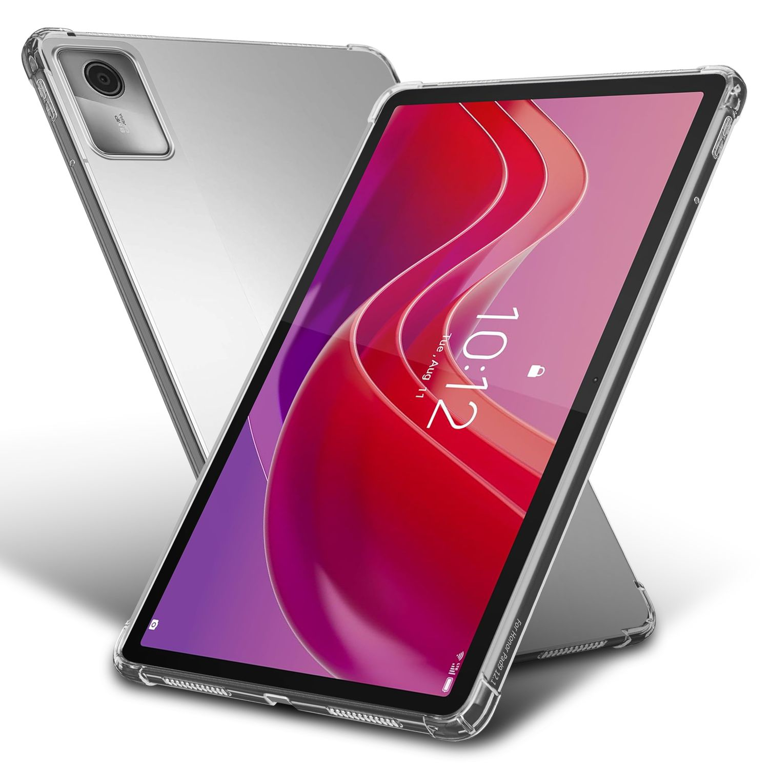 Ein Tablet, das in einer durchsichtigen Hülle aufgestellt ist. Der Bildschirm zeigt ein Kalender mit Datum und Uhrzeit.