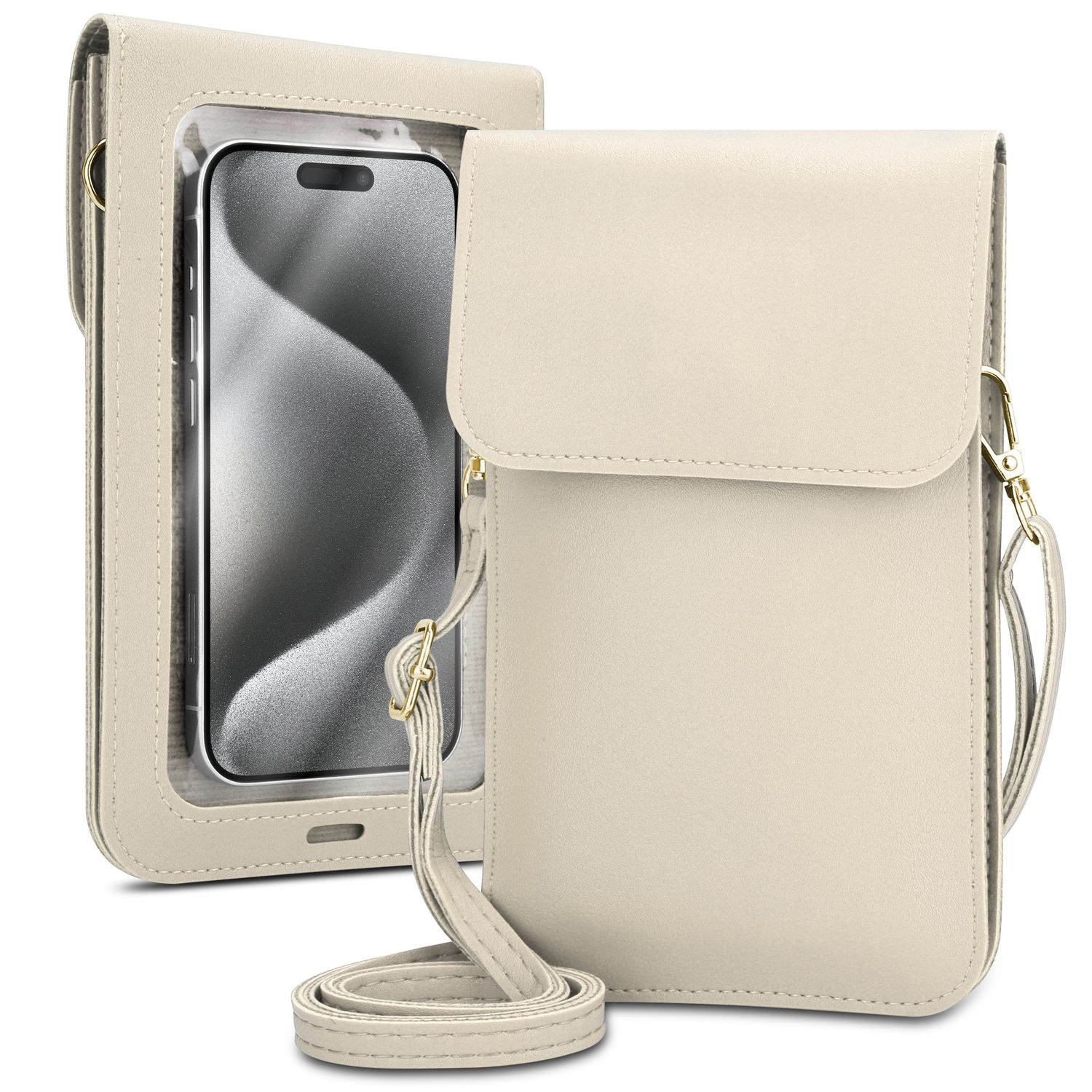 Creme Handy-Umhängetasche. Telefon ist in der transparenten Vordertasche sichtbar.