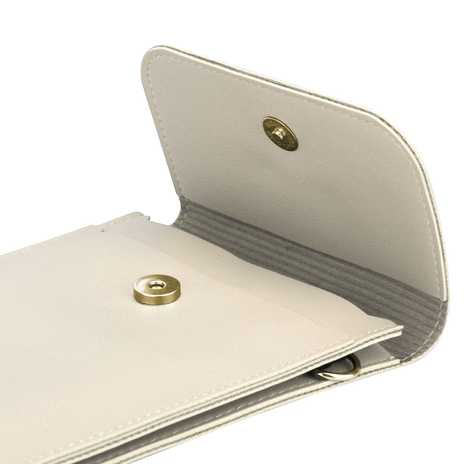Eine hellbeige Telefontasche, offen, mit einem goldenen Verschluss. Innen ist ein grauer Stoff zu sehen.