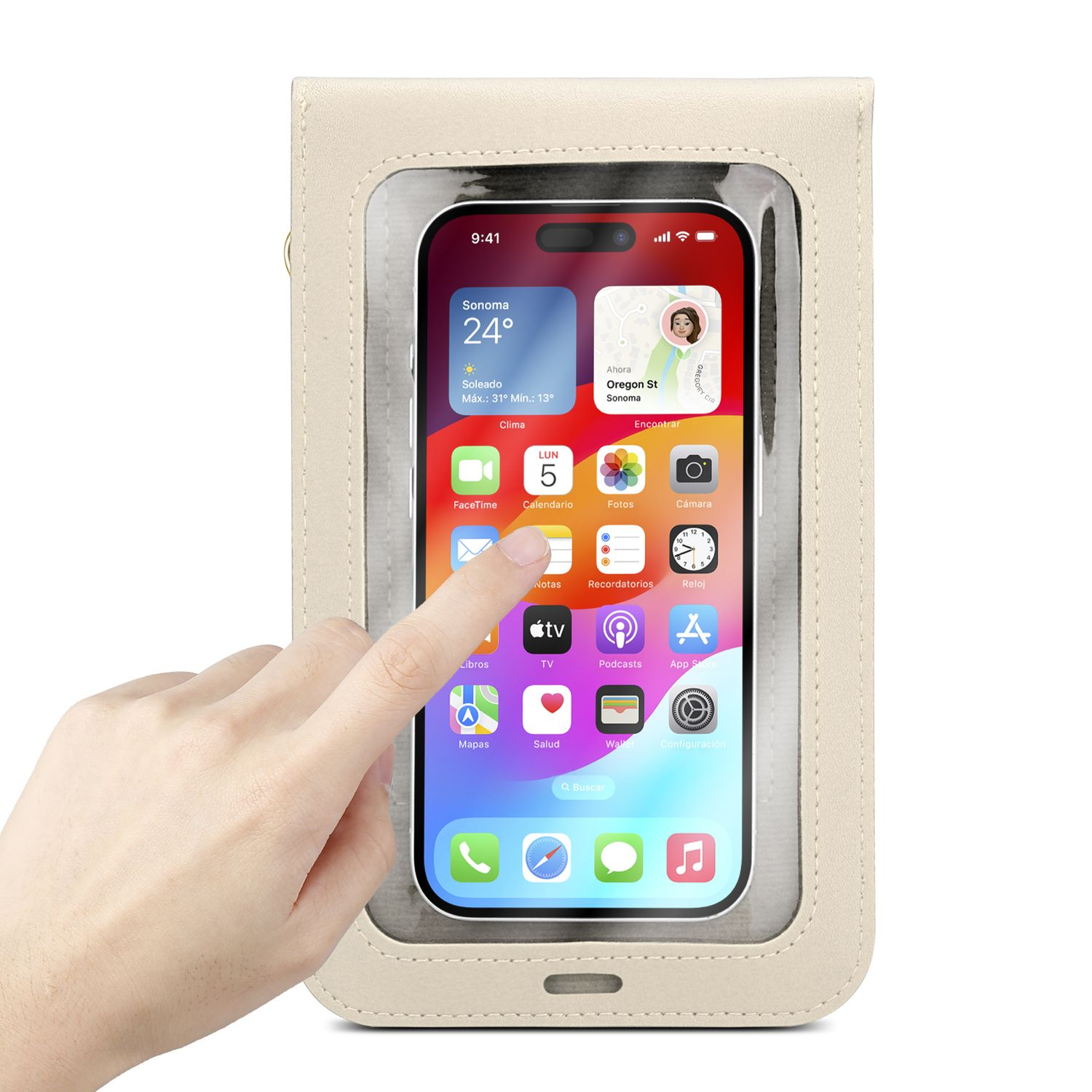 Eine Hand berührt ein Telefon in einer beigefarbenen Telefontasche. Der Bildschirm zeigt Apps und die Uhrzeit.