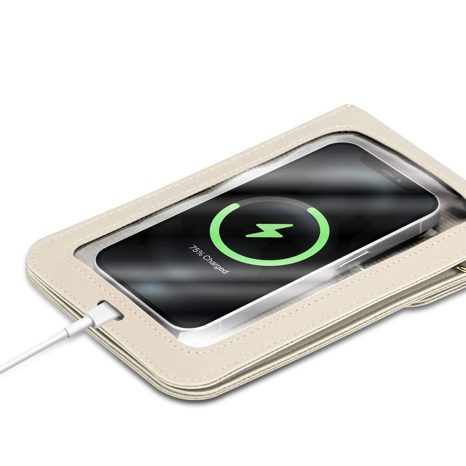Ein Telefon lädt in einer beigefarbenen Telefontasche. Der Bildschirm zeigt ein Ladesymbol und den Prozentsatz.