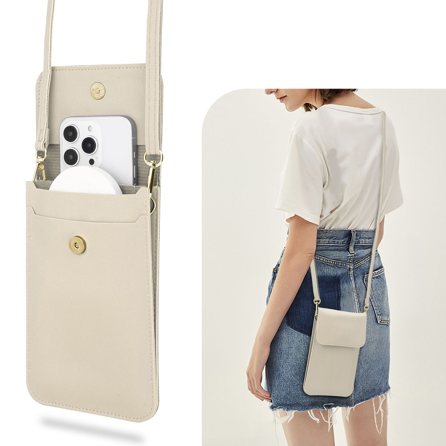 Frau mit weißem T-Shirt, trägt eine cremefarbene Telefontasche. Tasche ist offen, zeigt Telefon.
