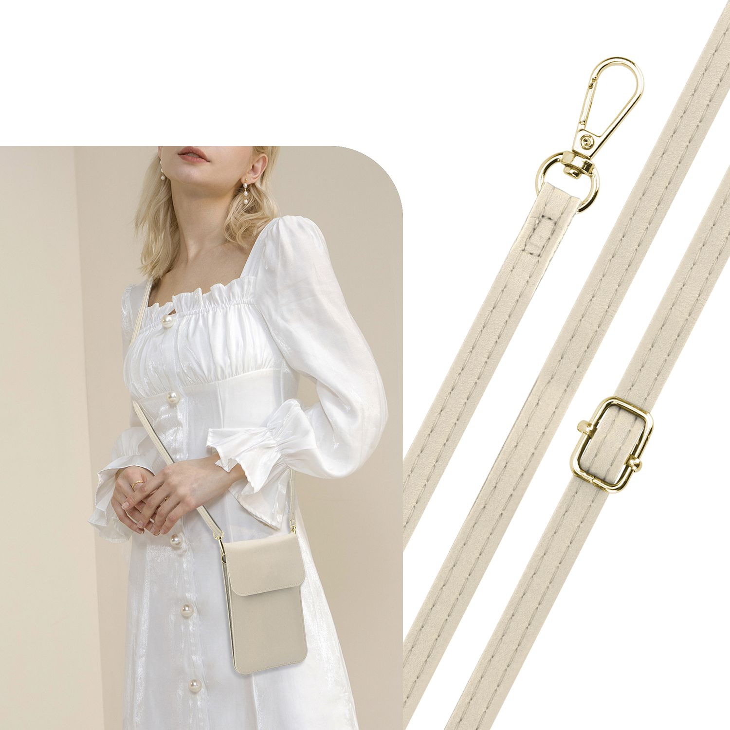 Eine Frau trägt ein weißes Kleid und eine beigefarbene Telefontasche. Ein Riemen und ein goldener Verschluss sind sichtbar.