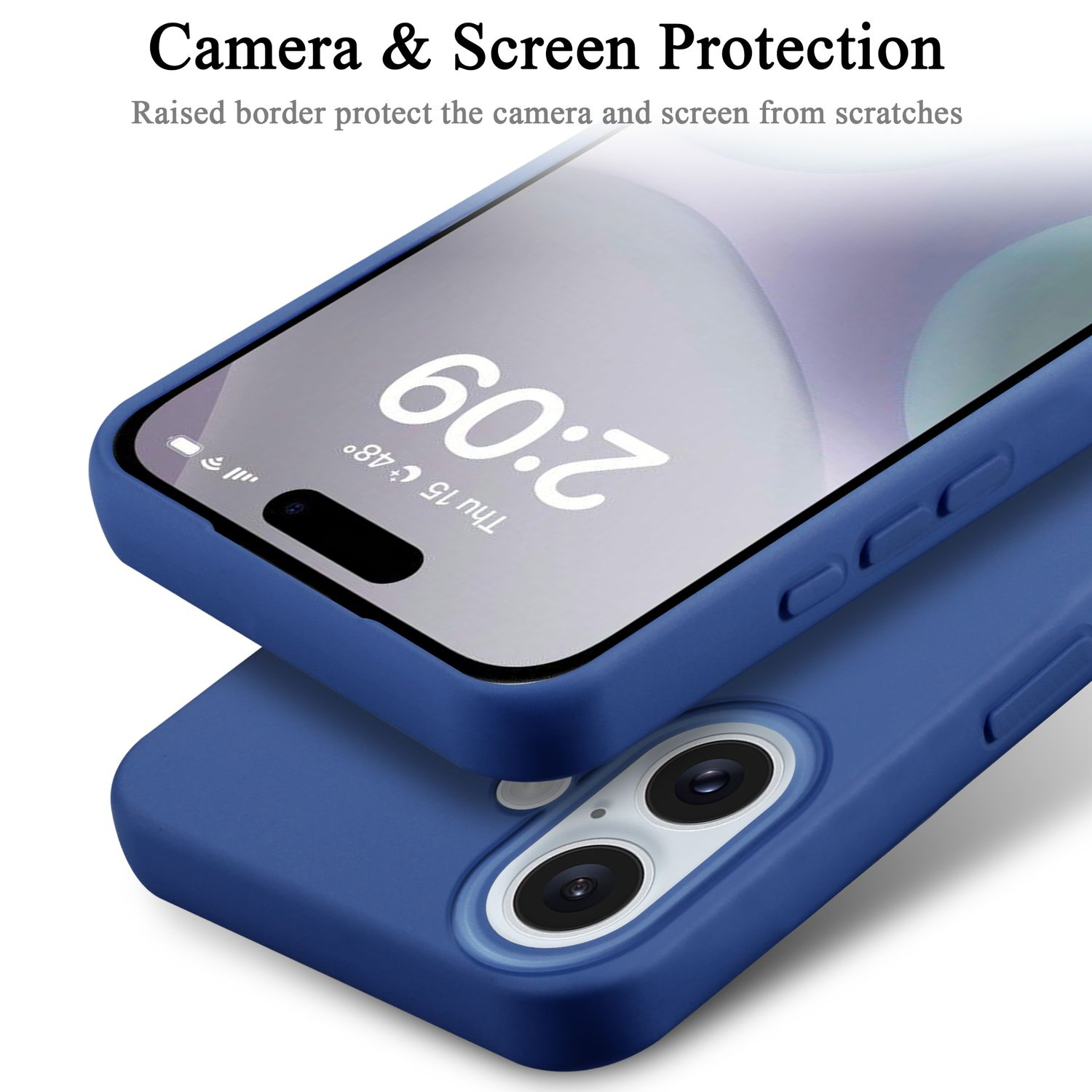 Blaue Handyhülle bedeckt ein Handy. Der Bildschirm zeigt die Uhrzeit und den Akkustand.