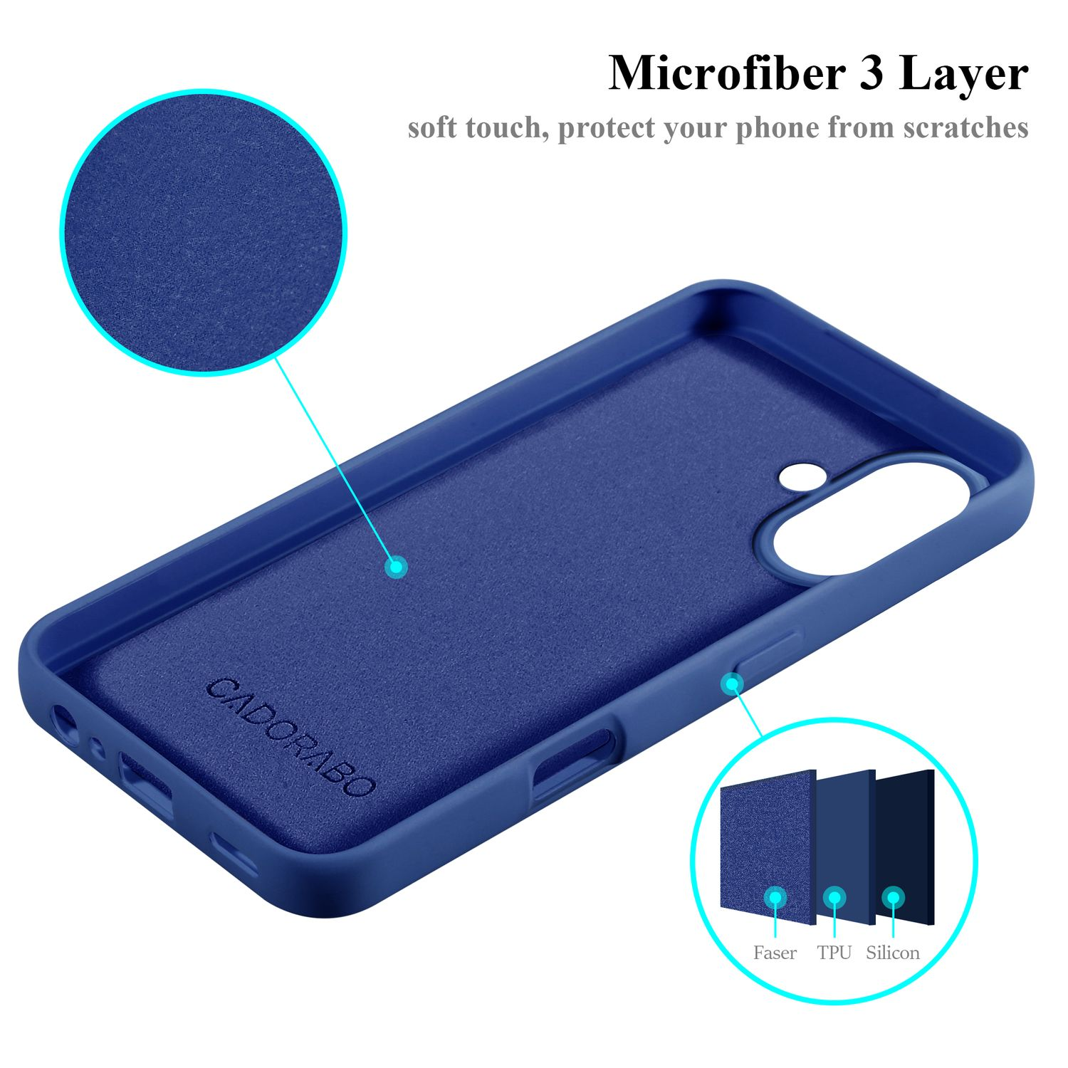 Blaues Telefongehäuse innen. Zeigt das Material und das Markenetikett.