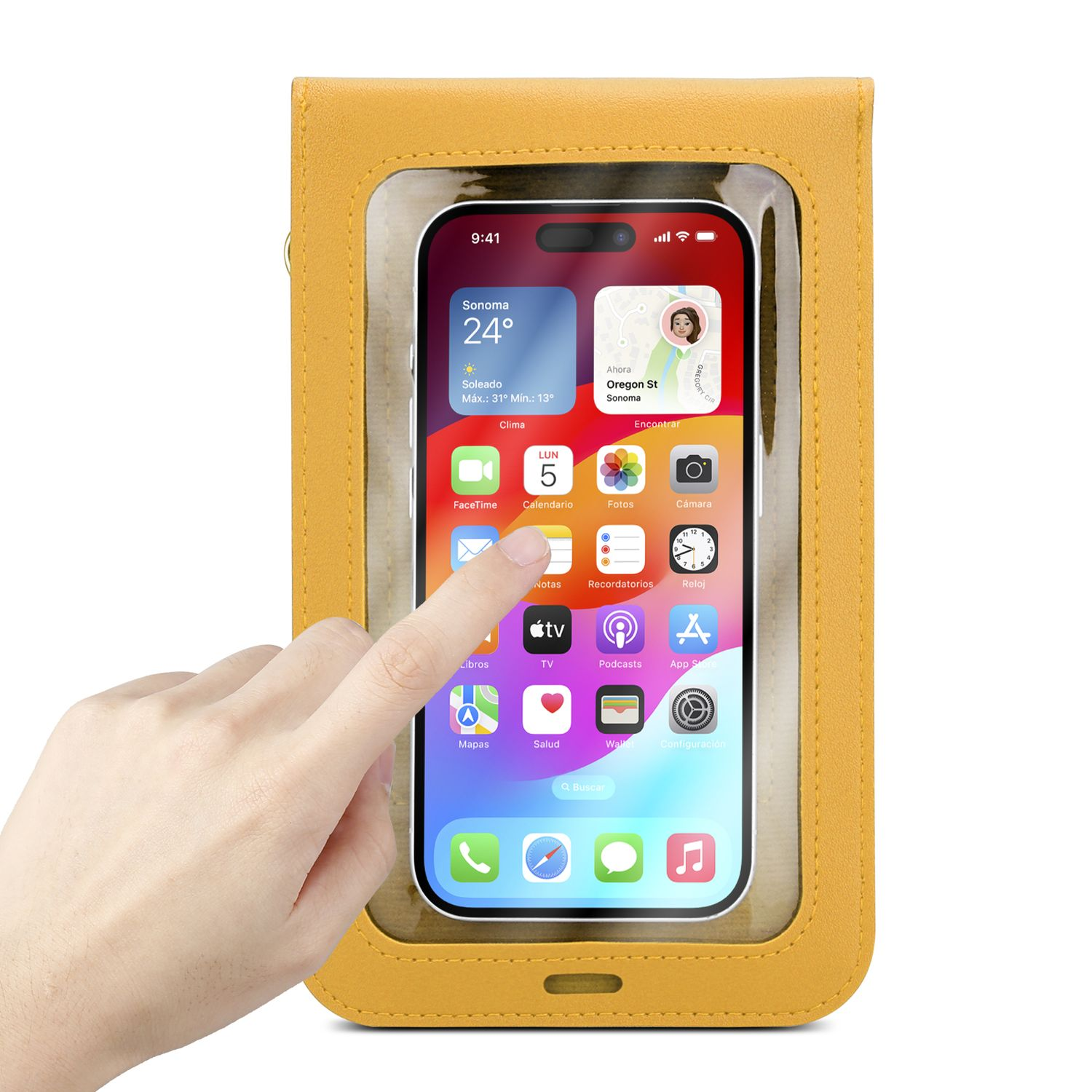 Eine Hand berührt ein Telefon in einer senfgelben Telefontasche. Der Bildschirm zeigt Apps und die Uhrzeit.