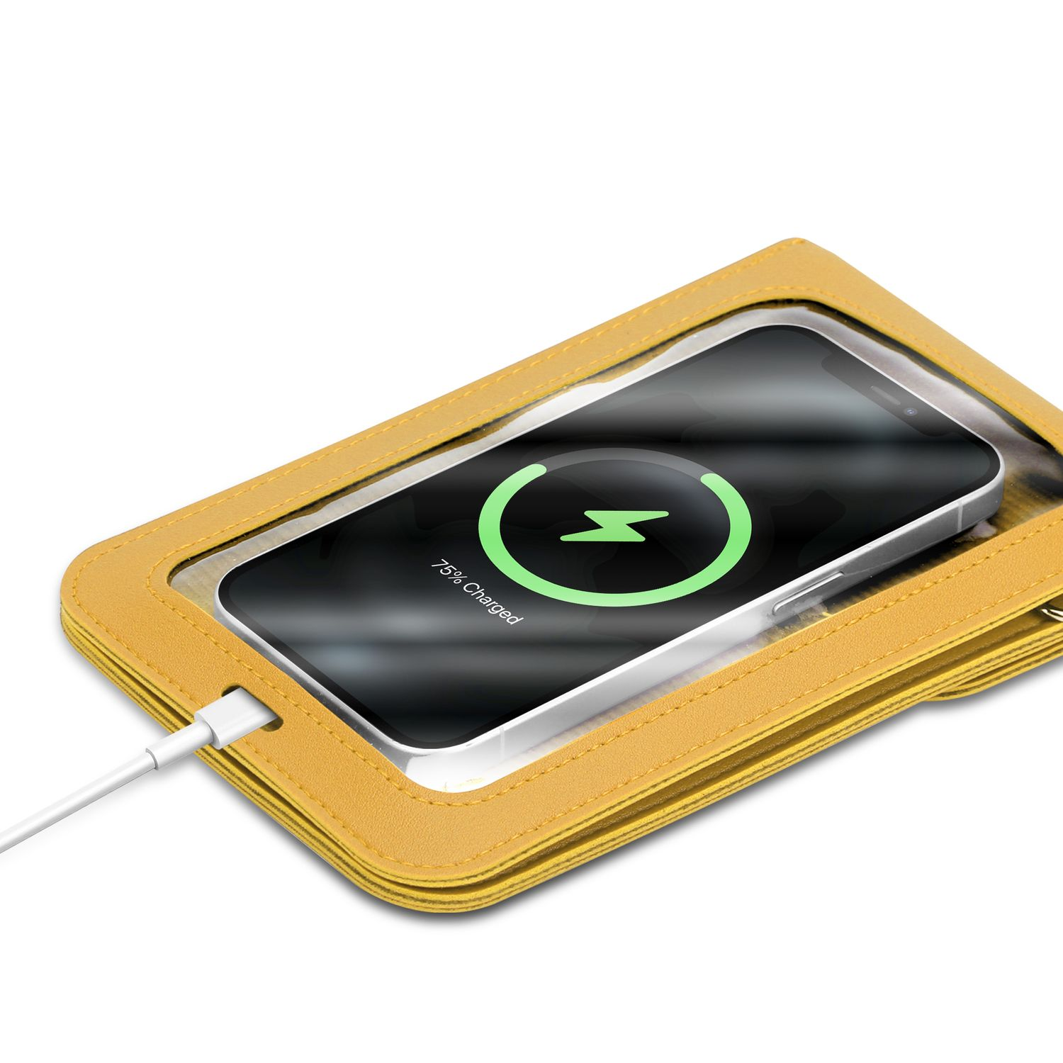 Ein Telefon lädt in einer senfgelben Telefontasche. Der Bildschirm zeigt ein Ladesymbol und den Prozentsatz.