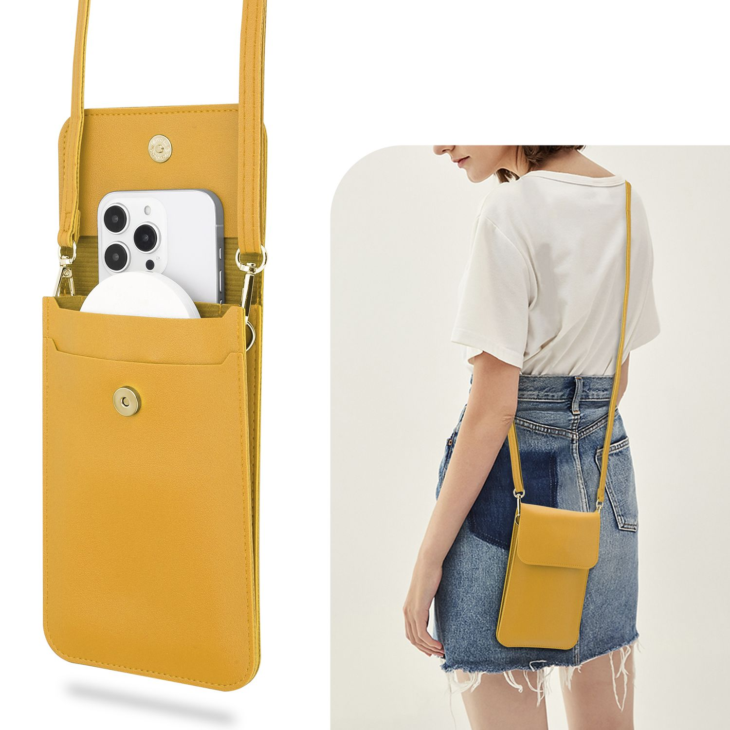 Eine Frau trägt ein weißes Oberteil und einen Jeansrock und hält eine senfgelbe Telefontasche. Ein Riemen ist sichtbar.