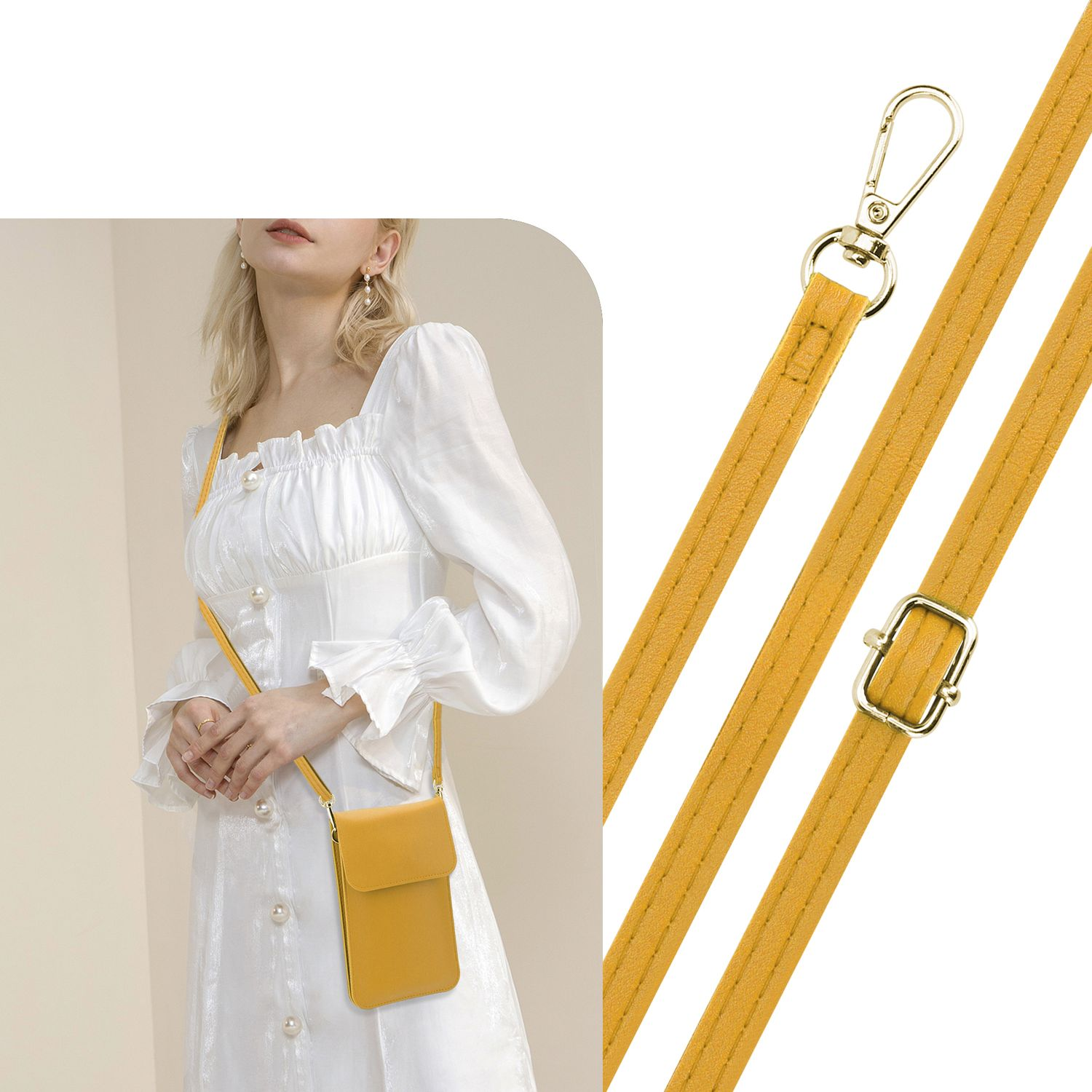 Eine Frau trägt ein weißes Kleid und hält eine senfgelbe Telefontasche. Ein Riemen und ein goldener Verschluss sind sichtbar.