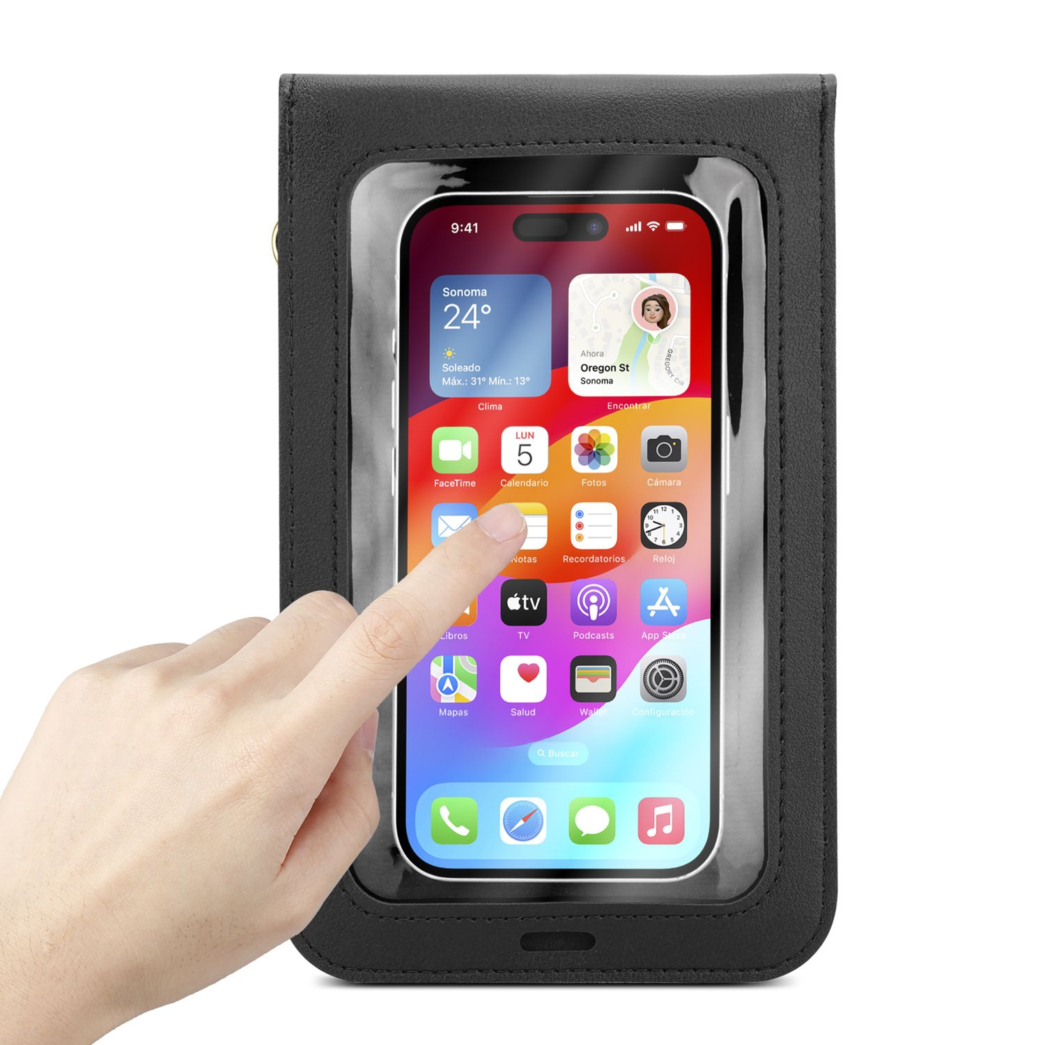 Eine Hand berührt ein Telefon in einer schwarzen Telefontasche. Der Bildschirm zeigt Apps und die Uhrzeit.