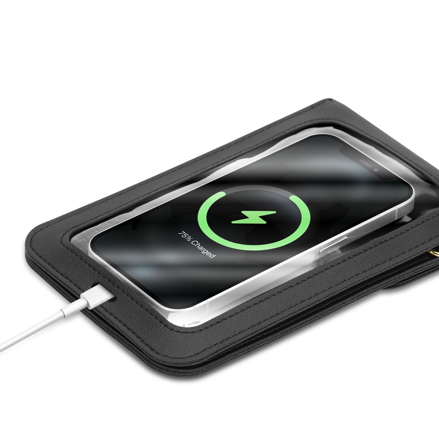 Ein Telefon lädt in einer schwarzen Telefontasche. Der Bildschirm zeigt ein Ladesymbol und den Prozentsatz.