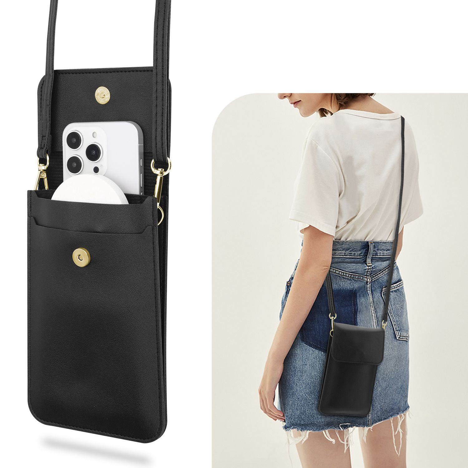 Eine Frau trägt ein weißes Oberteil und einen Jeansrock und hält eine schwarze Telefontasche. Ein Riemen ist sichtbar.