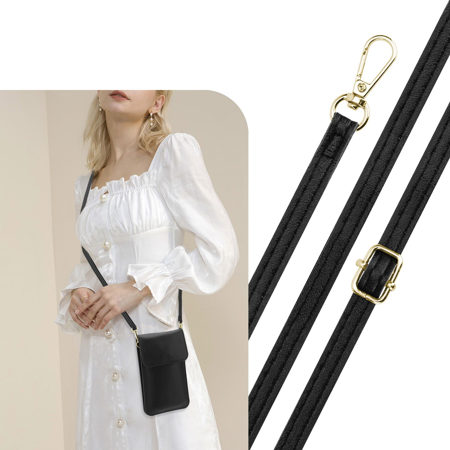 Eine Frau trägt ein weißes Kleid und hält eine schwarze Telefontasche. Ein Riemen und ein goldener Verschluss sind sichtbar.