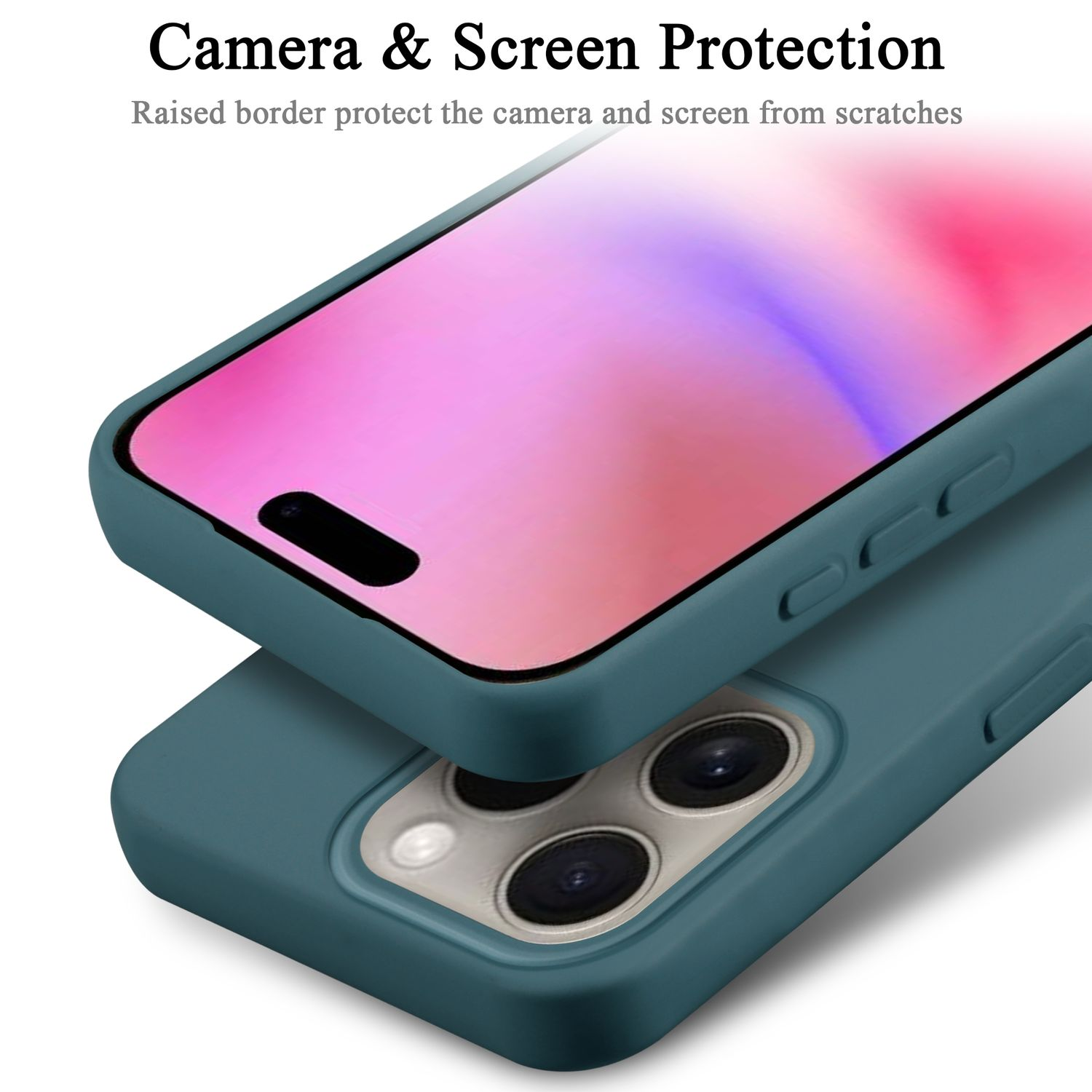 Telefonhüllen, teal-Farbe, gestapelt. Oberes zeigt Handy-Bildschirm mit Displayschutz.