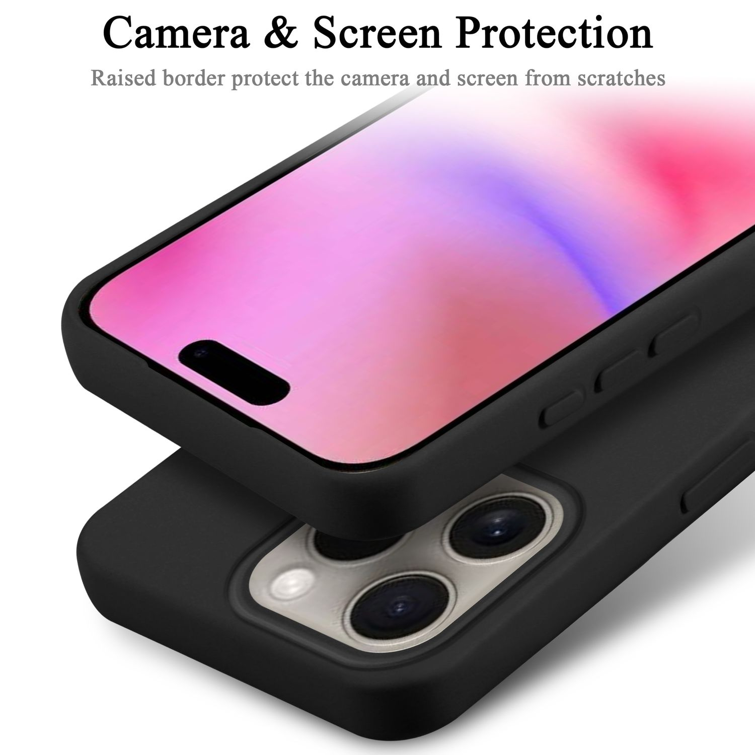 Schwarze Handyhülle mit Displayschutz. Die Handyhülle bedeckt das Handy. Schutztext oben.