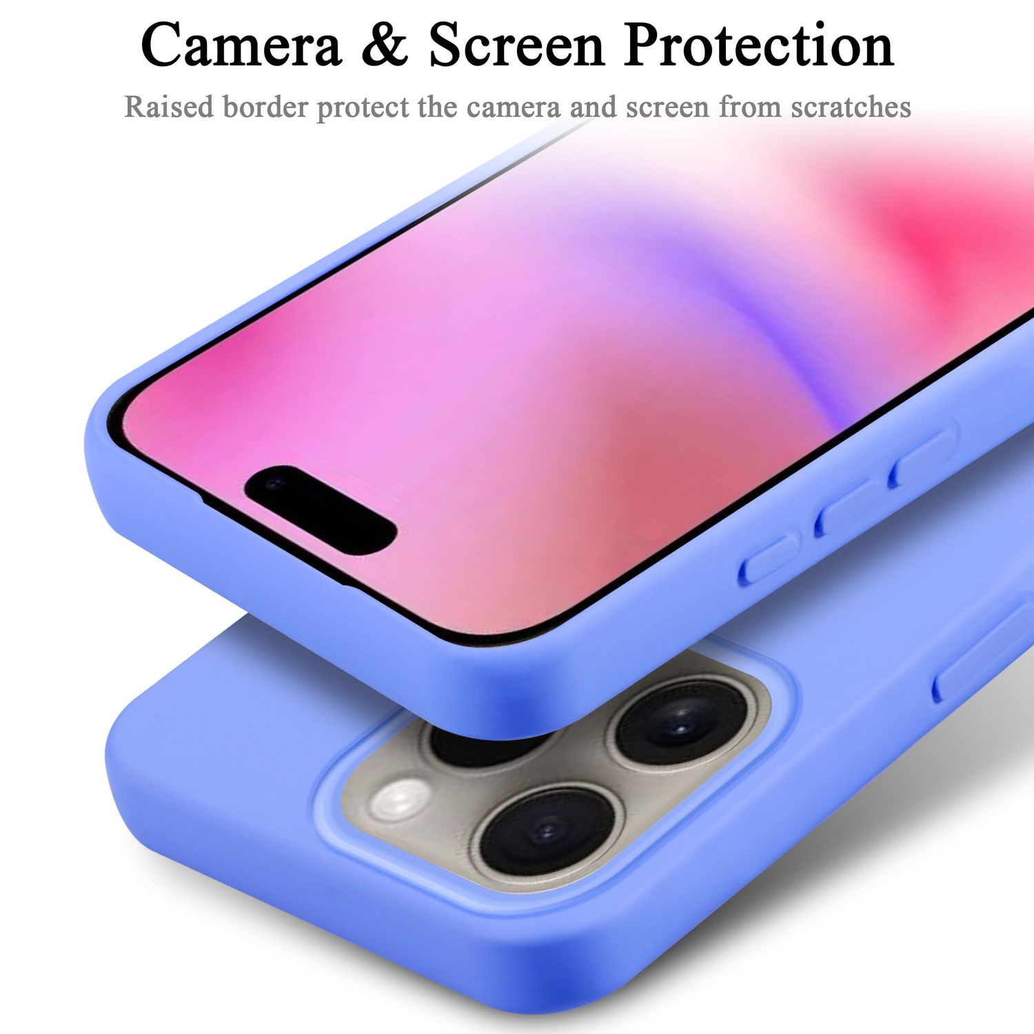 Eine hellblaue Handyhülle schützt ein Telefon. Das Telefon ist rosa. Oben steht Text: Kamera- und Bildschirmschutz.