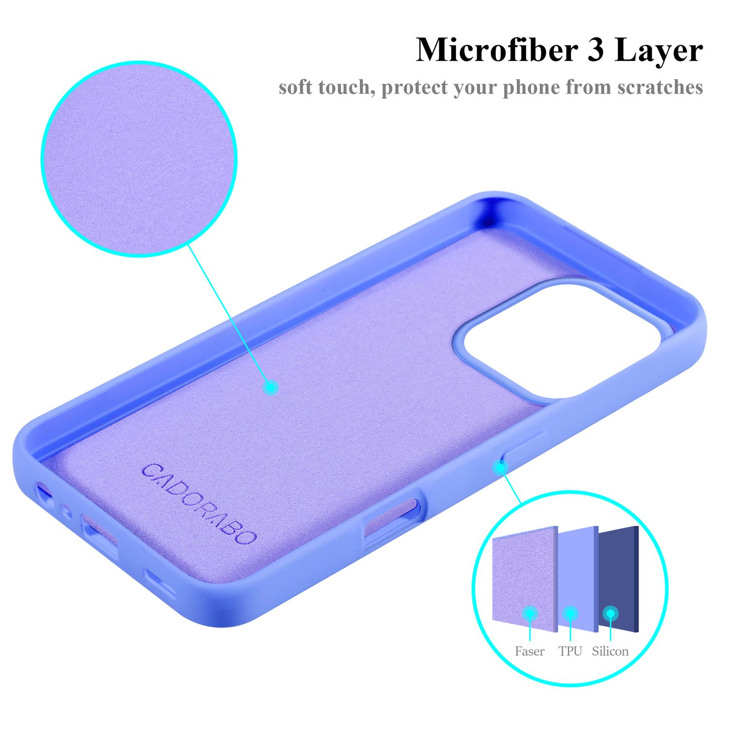 Blaue Handyhülle mit violetter Mikrofaser-Schicht. Die Hülle ist mit CADORABO beschriftet.