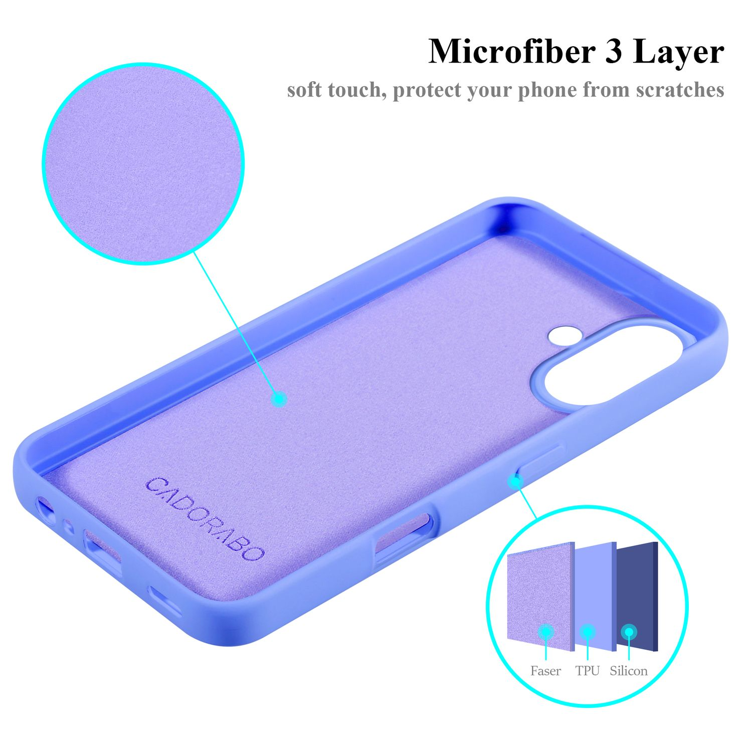 Blaue Handyhülle mit lila Mikrofaser-Schicht. Text: Mikrofaser 3 Schicht. Weiche Haptik, schützt vor Kratzern.